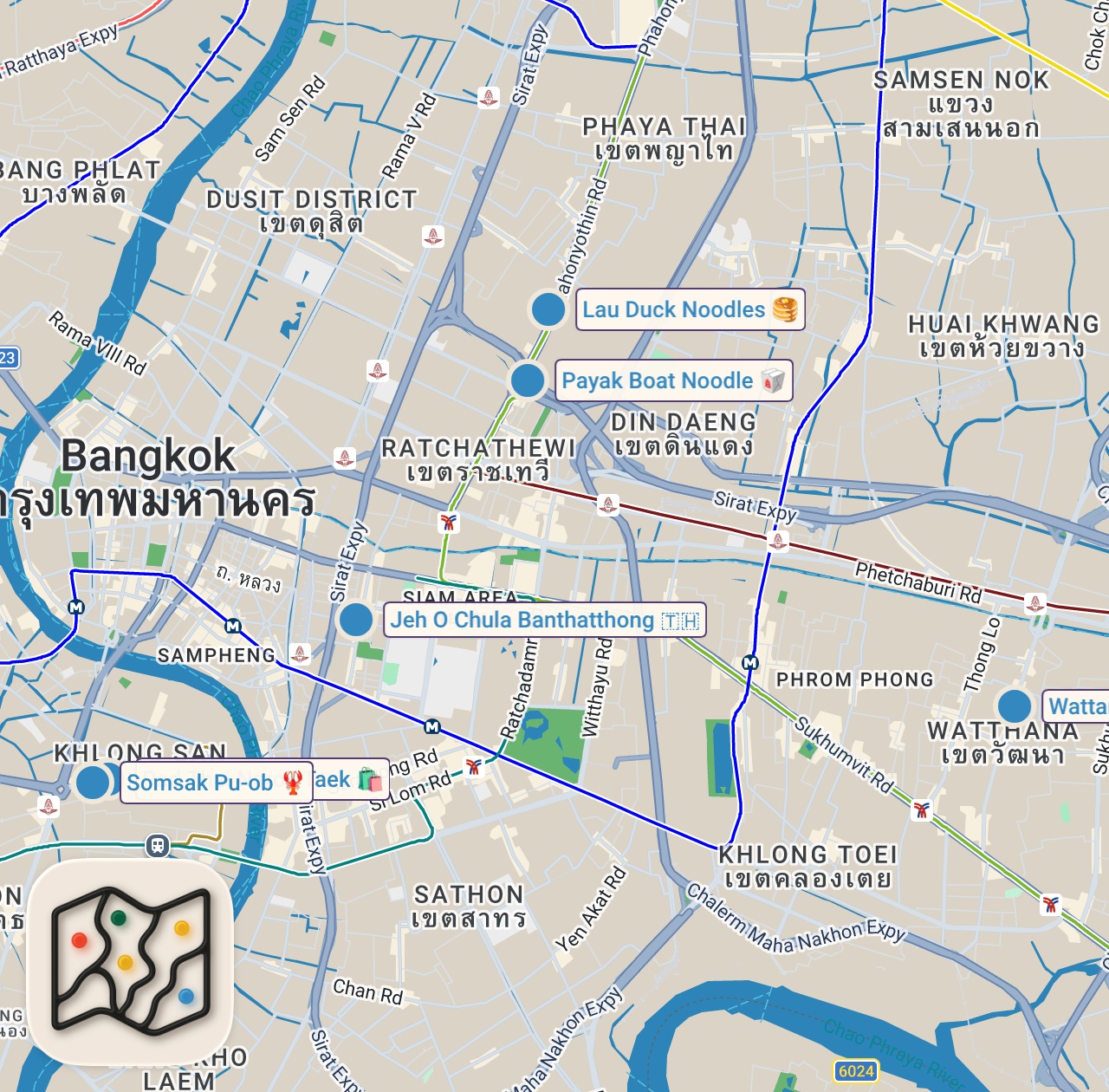 Map preview for Thai Street Food 🇹🇭 6 MUST TRY Noodles in Bangkok, Thailand