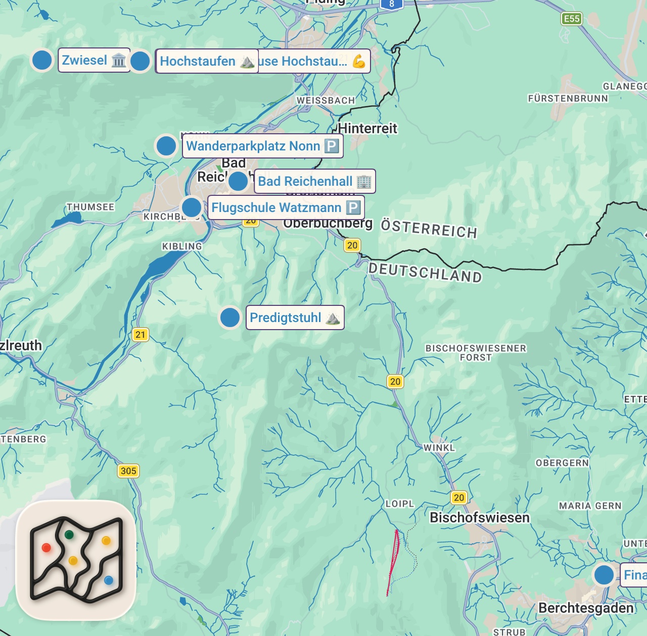 Map of 9 spots from Spectacular ridge hike at an altitude of 1,700 meters in the Berchtesgaden Land