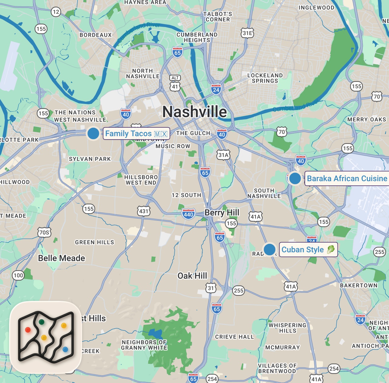 Map of 3 spots from Eating on Facebook Marketplace For 24 Hours... (Nashville)