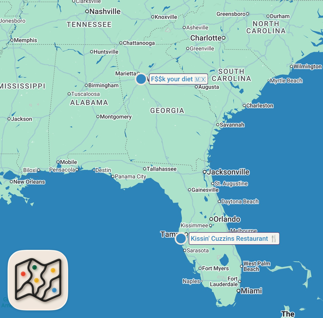 Map of 2 spots from Eating at the Most Inappropriately Named Restaurants in America
