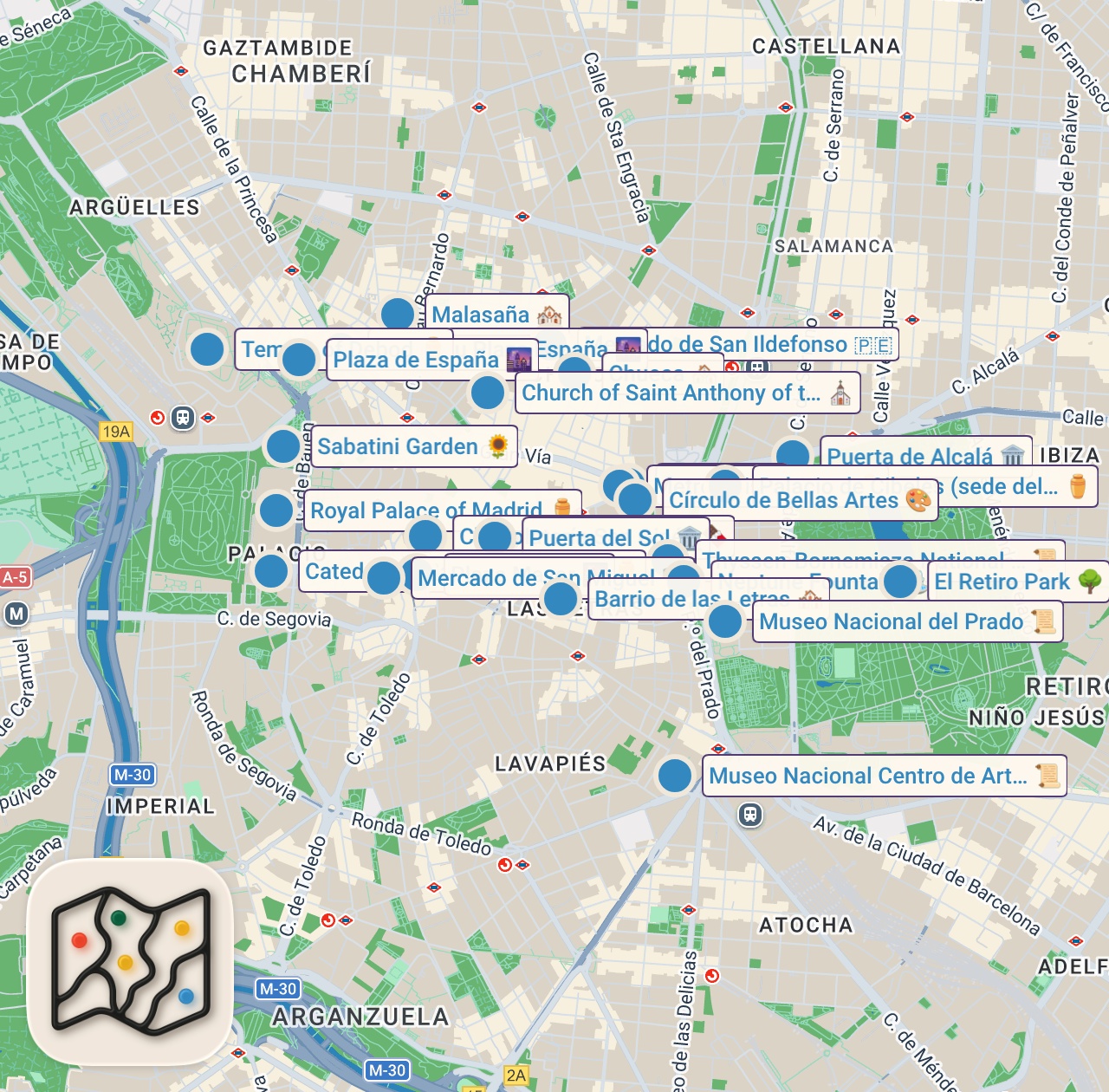 Map of 33 spots from Qué ver en Madrid en 5 días: la guía más completa 2026