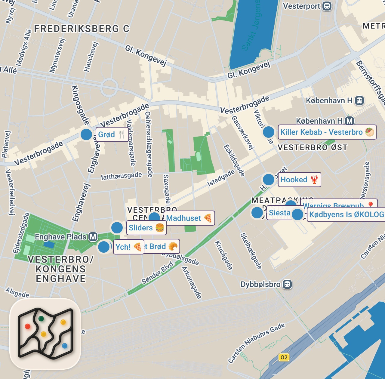 Map of 10 spots from Tester de BEDSTE steder at spise på Vesterbro