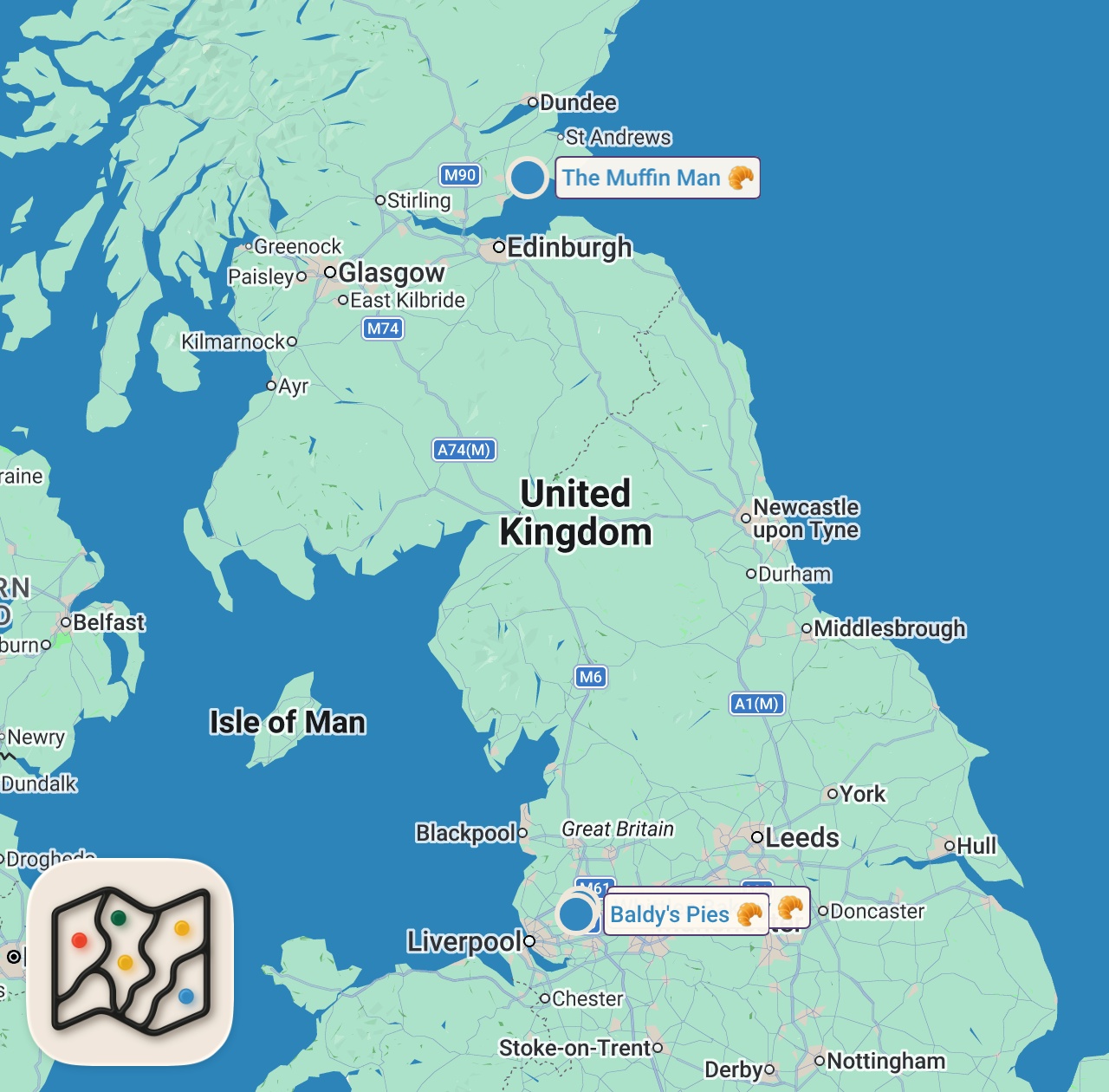 Map of 3 spots from I Only Ate PIES For A Whole Day In Wigan!
