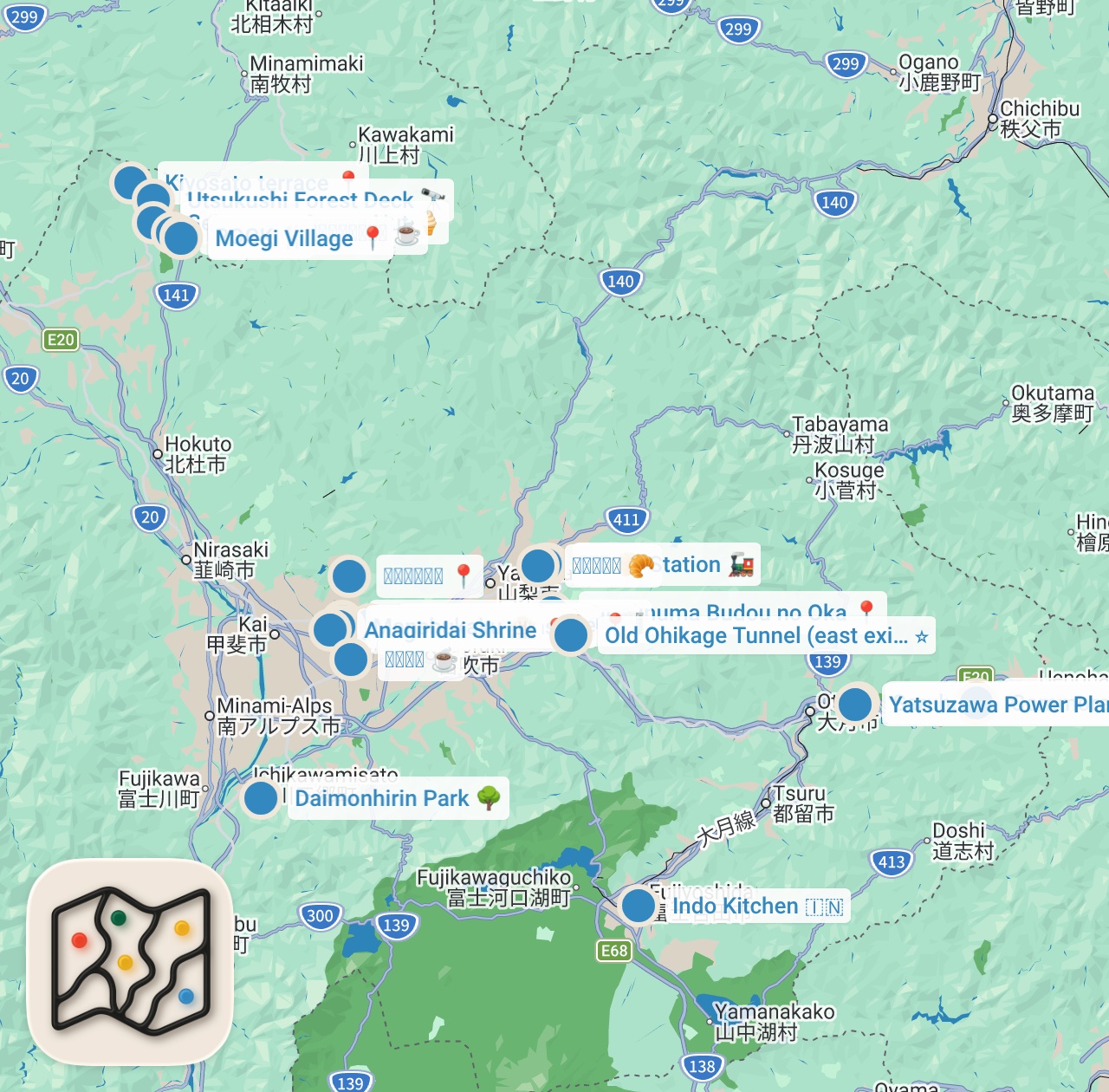 Map preview for 【山梨】インバウンド回避！珍スポットと絶景の1人旅🚃富士山以外の魅力再発見