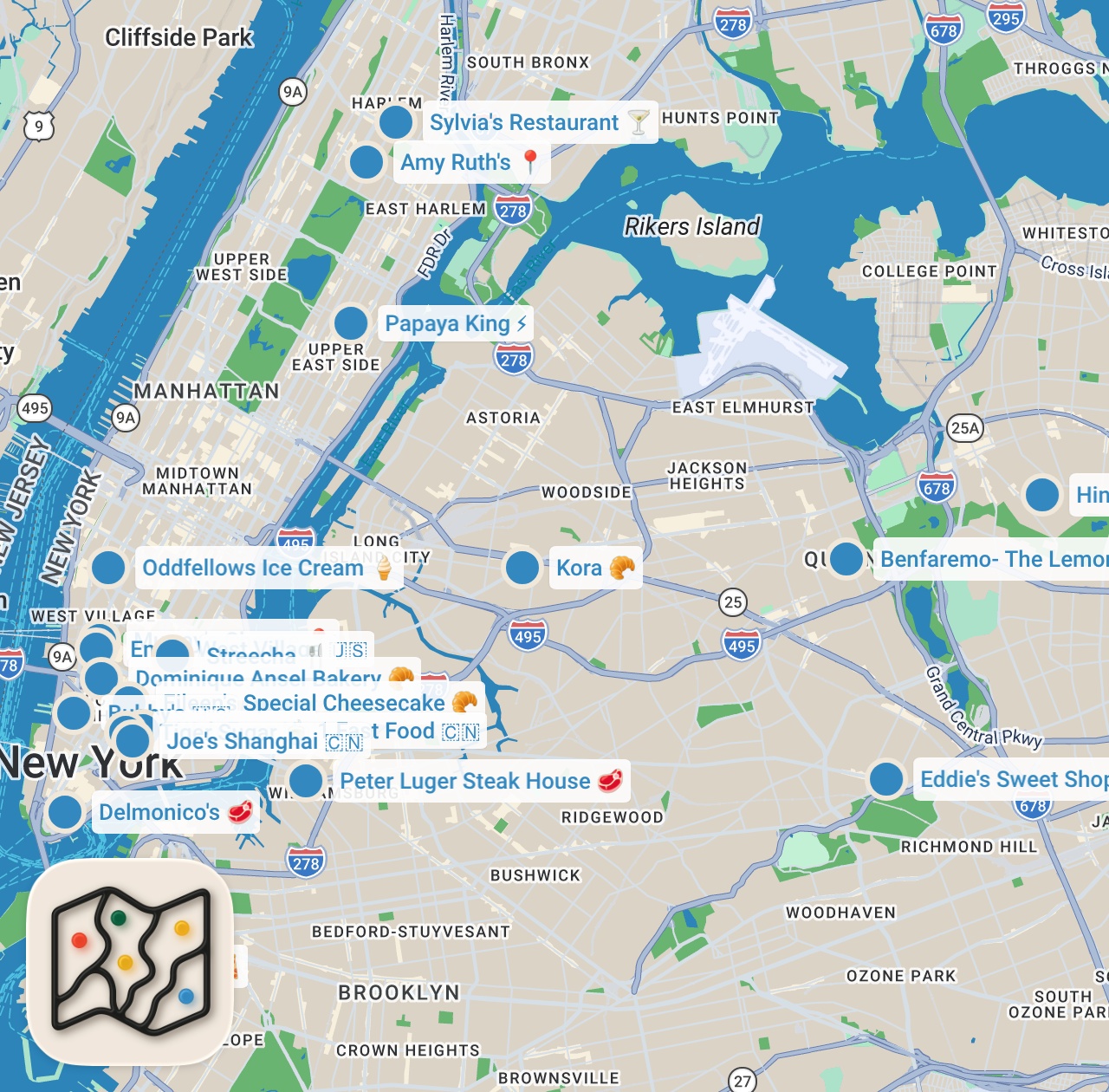 Map preview for 20 Bucket List Foods In NYC