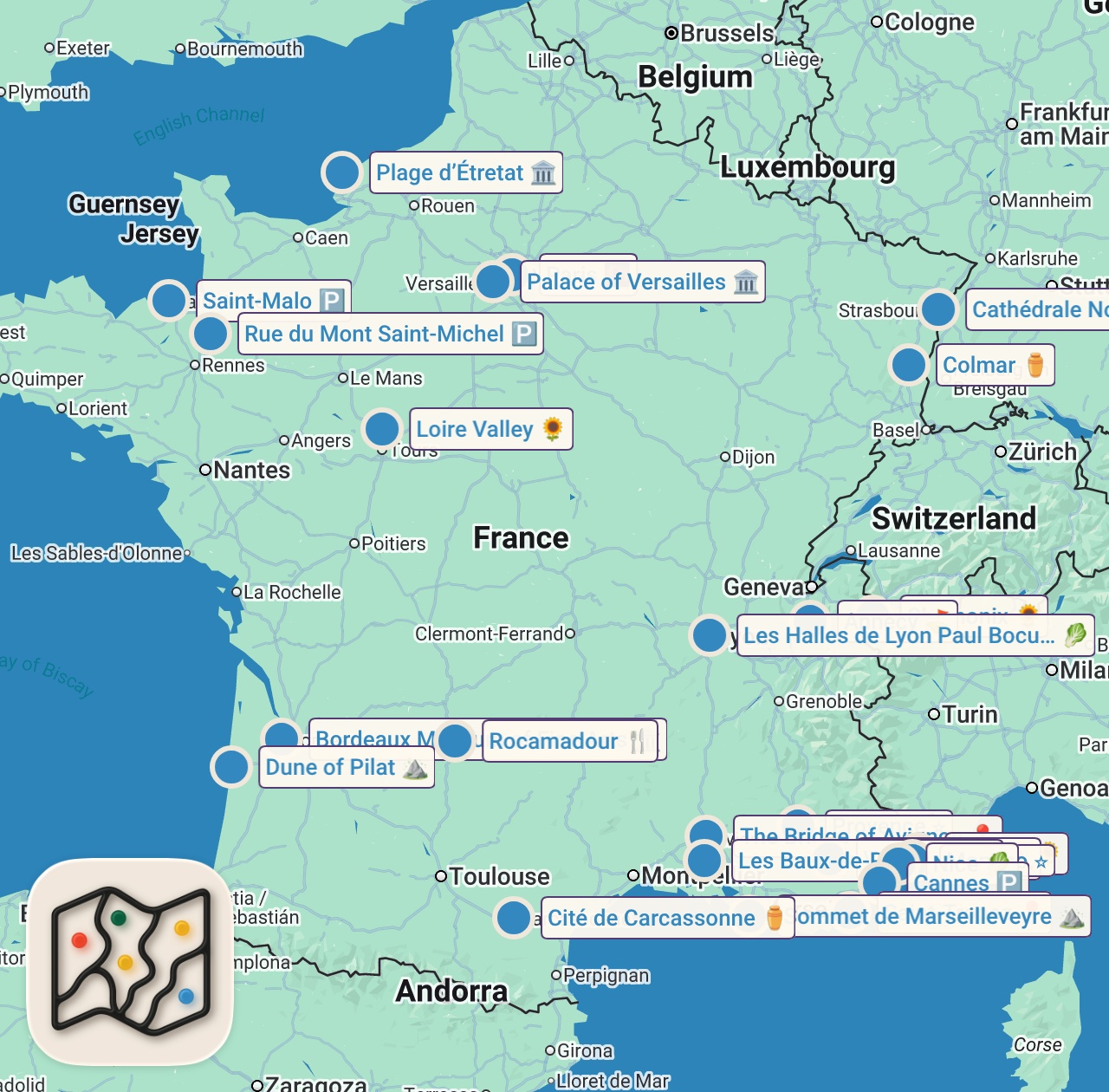 Map of 25 spots from 25 Best Places You Must Visit in France | TRAVEL VIDEO 4K