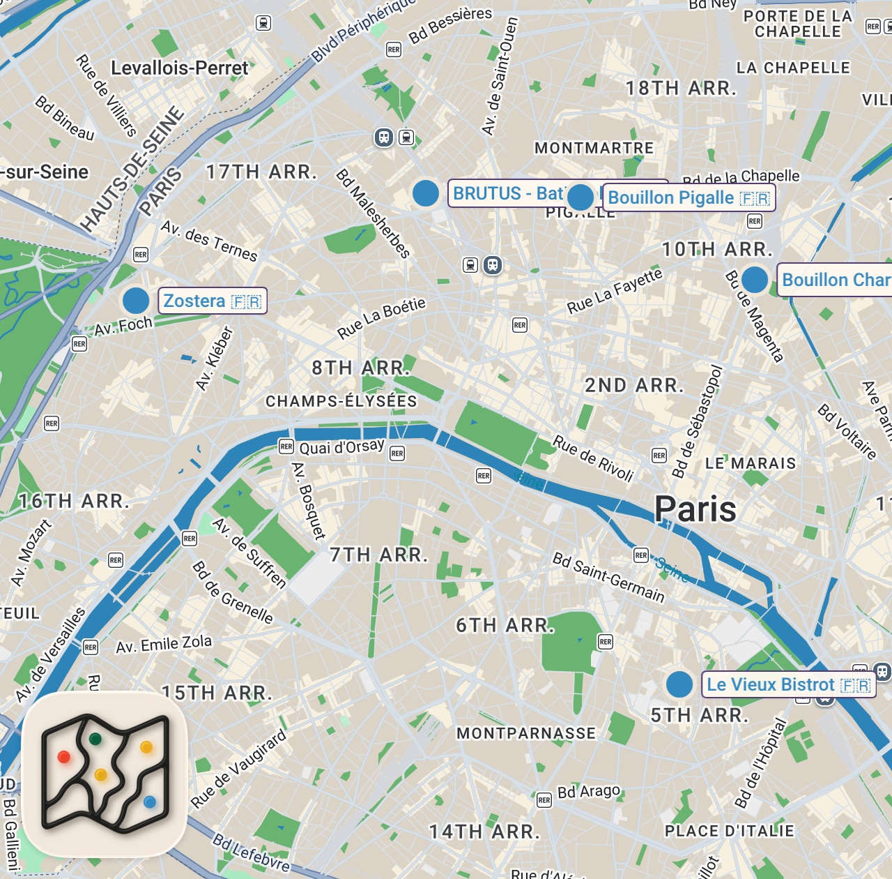Map of 5 spots from Every Paris Restaurant Type Explained (by a Local)