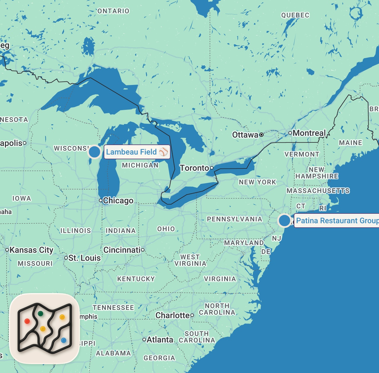 Map of 2 spots from How a Massive Team of Chefs Feeds 350,000 Fans at Golf's Biggest Event — Large Format