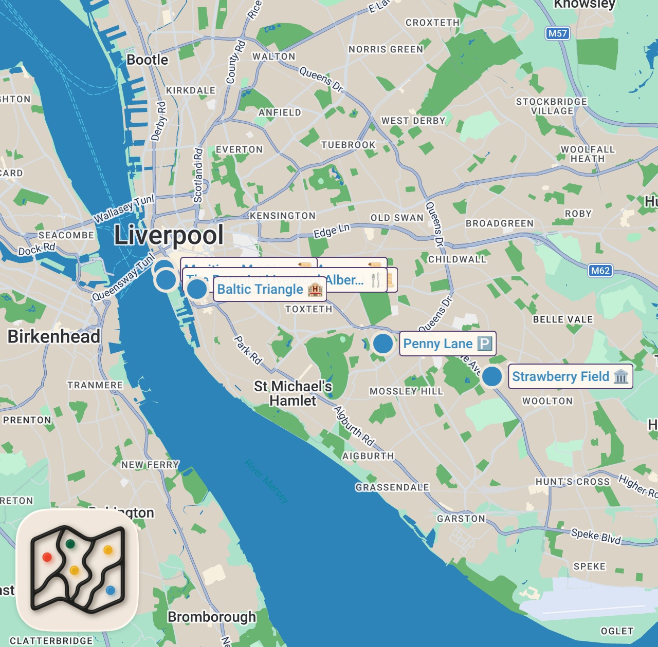 Map of 8 spots from PERFECT DAY IN LIVERPOOL ENGLAND
