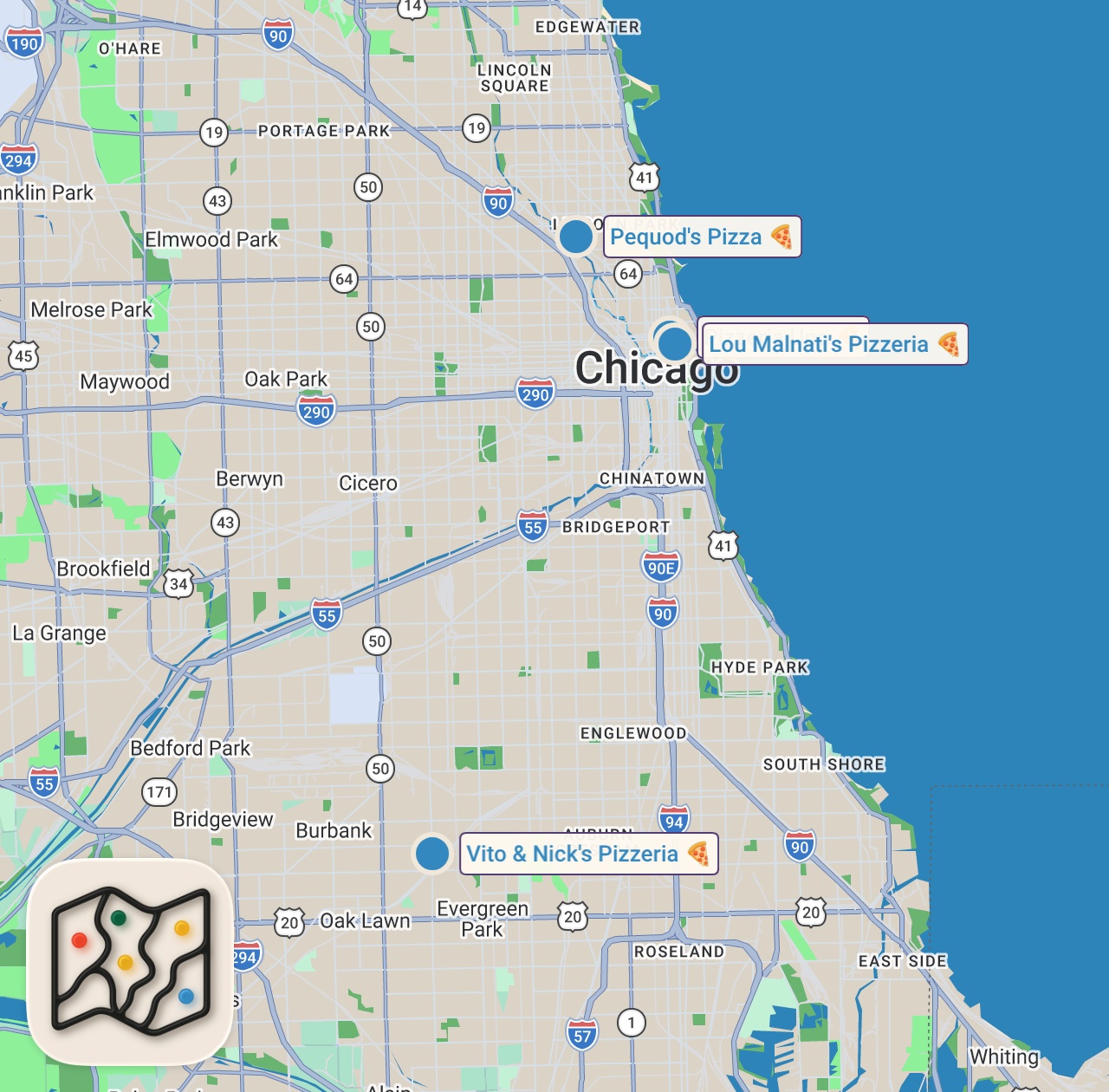 Map of 4 spots from Ultimate CHICAGO PIZZA TOUR!! 🍕 From Thin Crust to Deep Dish - Best Pizza Chicago!!