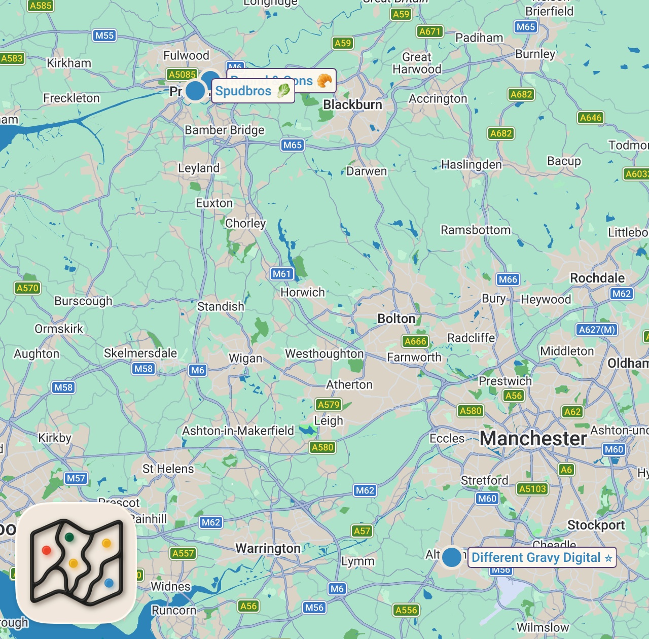 Map of 3 spots from Food in Preston is absolutely PHENOMENAL