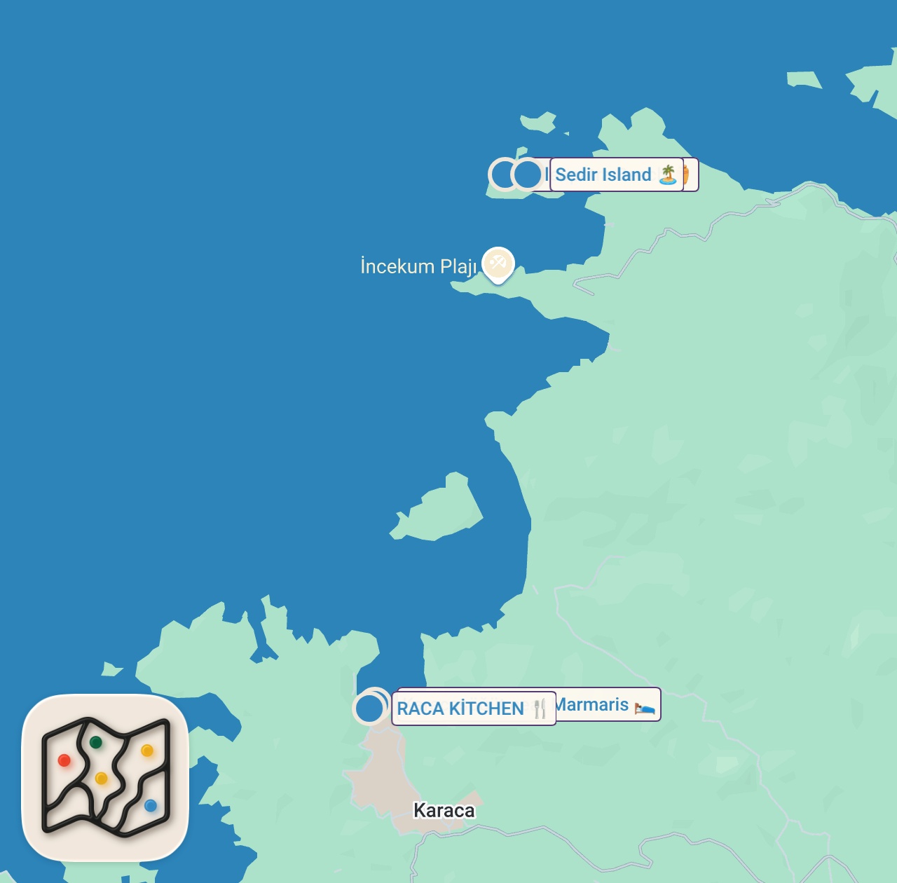 Map of 4 spots from BİR ROTA HİKAYESİ: Sedir Adası & Karacasöğüt | Aslan balığı, Kleopatra plajı, kıymalı yumurta