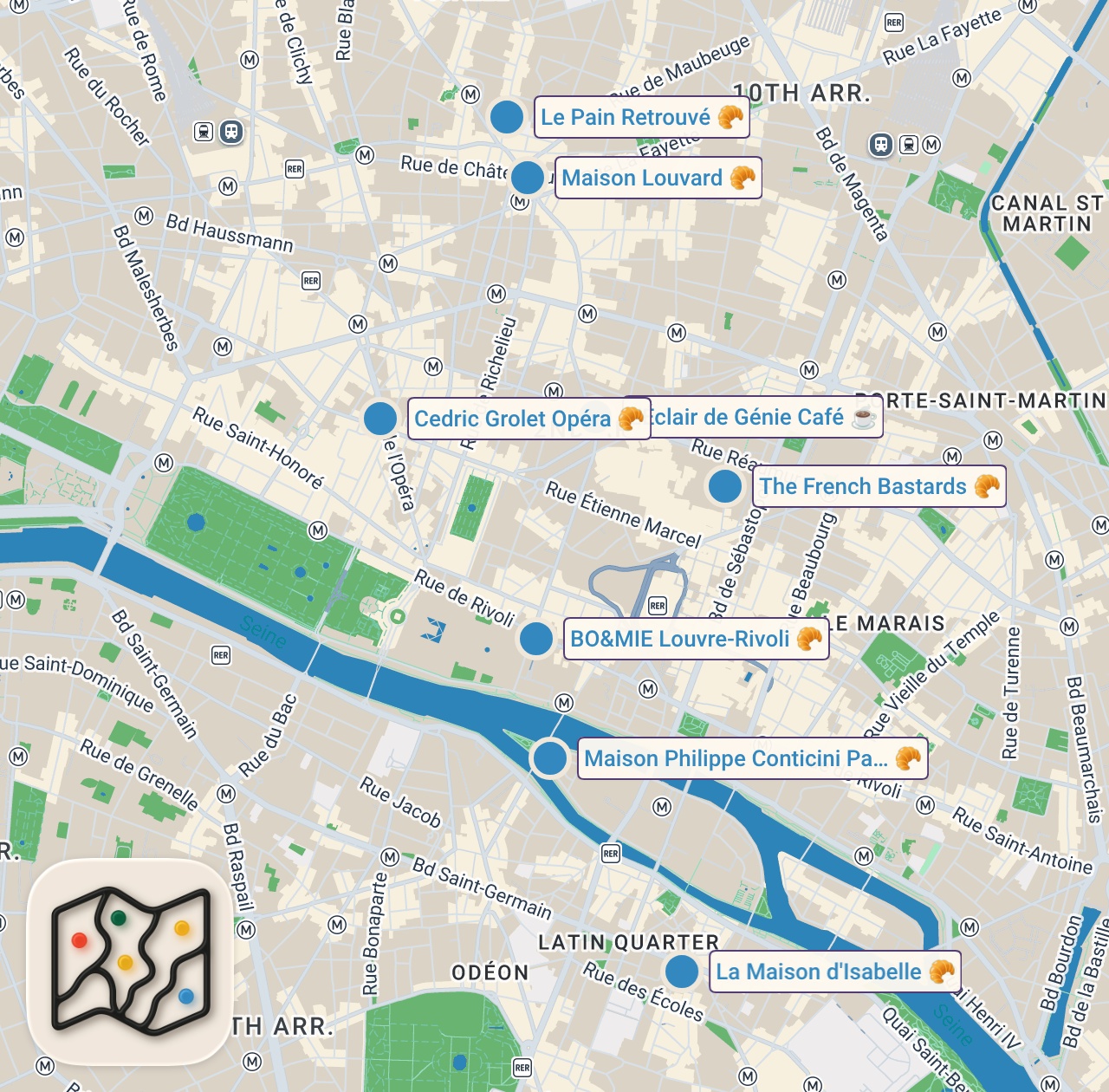 Map of 9 spots from Finding the Best Croissant in Paris