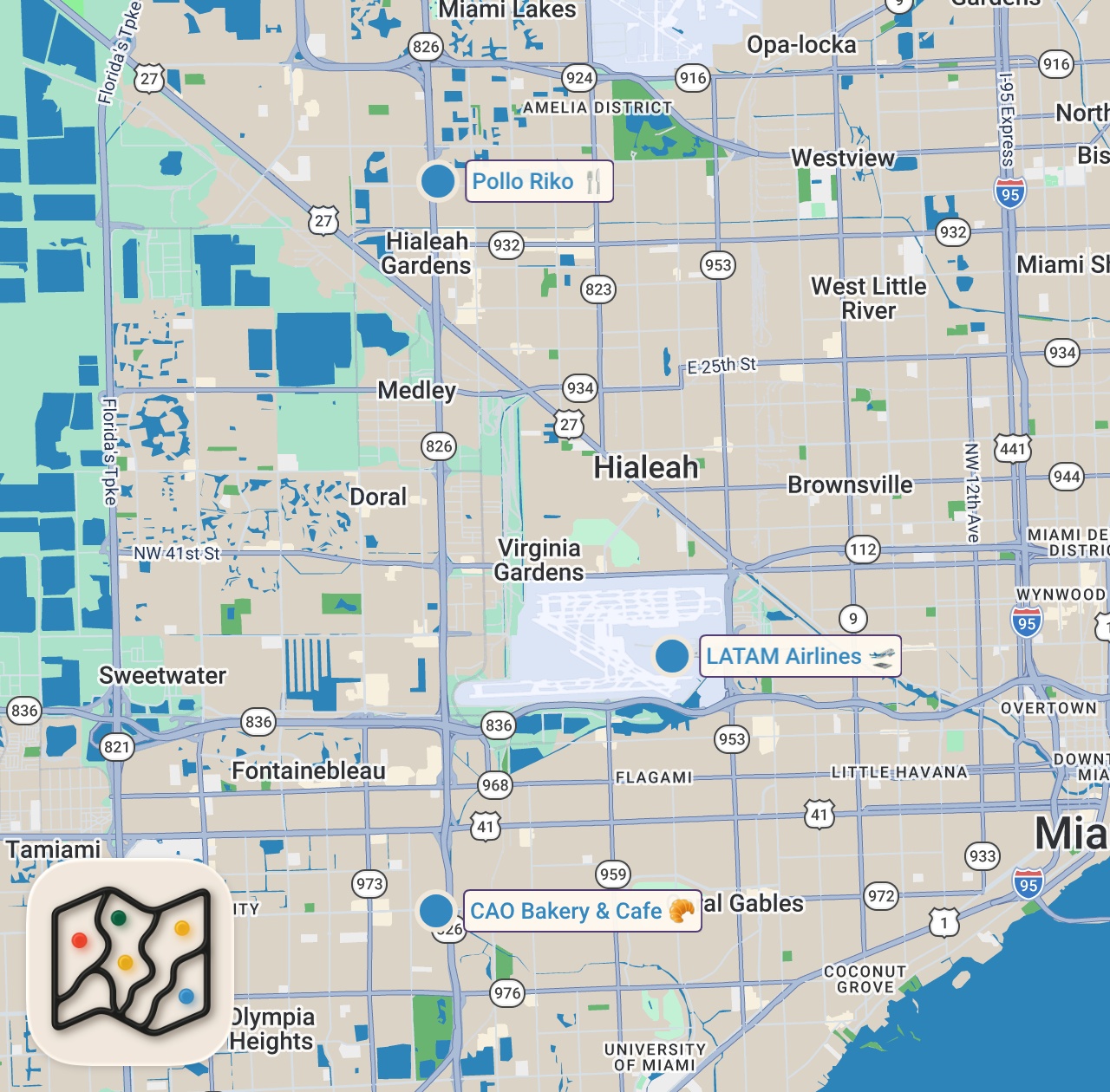 Map of 3 spots from Trying Popular Latin Fast Food Chains For The First Time (Miami)
