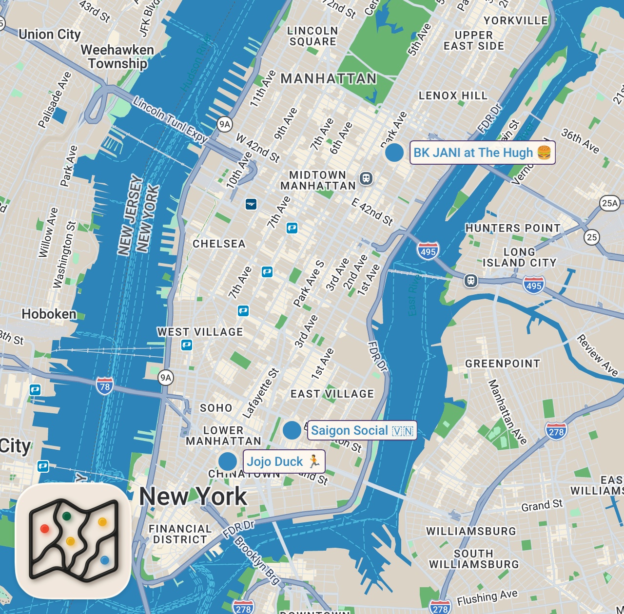 Map preview for FINDING UNUSUAL BURGER COMBINATIONS IN NYC | FTD