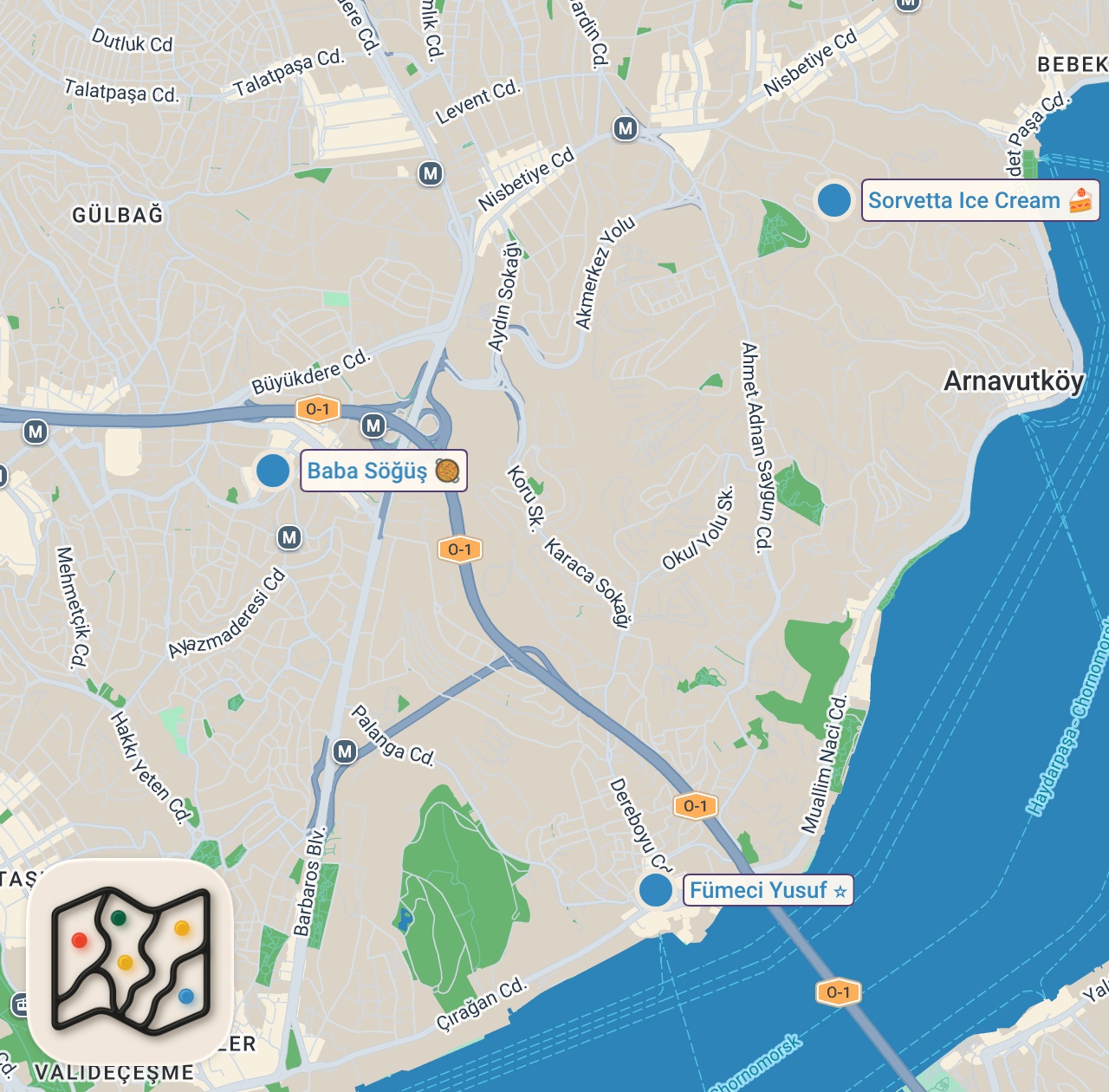 Map of 3 spots from NOKTA ATIŞI LEZZETLER #6 | Lakerda, Tarama, İzmir Usulü Söğüş, Tereyağında Ciğer ve Dondurma