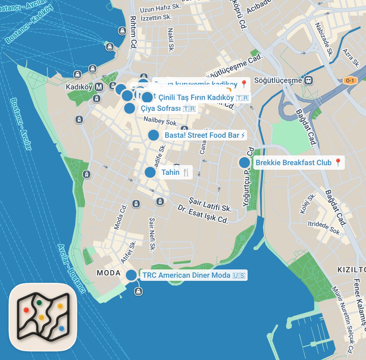Map preview for KADIKÖY SAHİLDE BARBEKÜ YAPTIK! Kadıköy/Moda'nın farklı lezzet durakları tek videoda