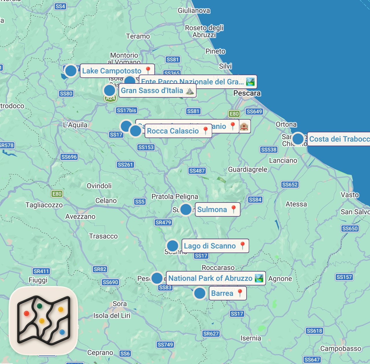 Map of 11 spots from Abruzzo: Top 5 Città e Luoghi da Visitare | 4K Guida di Viaggio