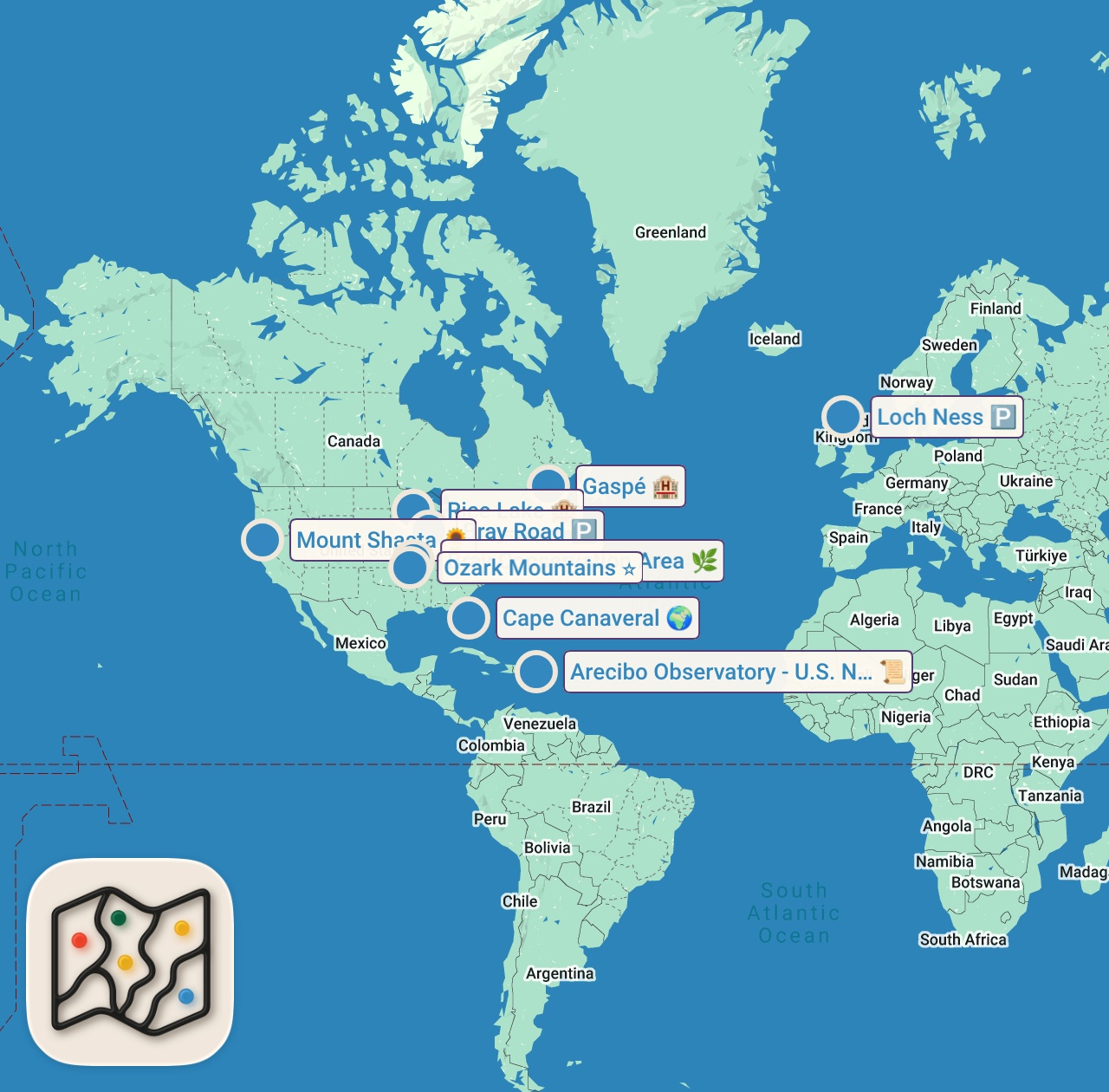 Map of 9 spots from CREEPIEST Cryptid Countdown | In Search of Monsters | Travel Channel
