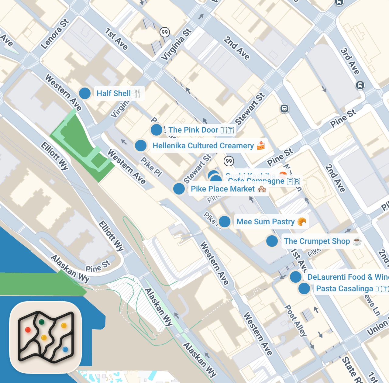Map preview for 24 Hours Eating ONLY at PIKE PLACE MARKET in Seattle! 🐟🍎 | 9 Restaurant ULTIMATE Seattle Food Tour