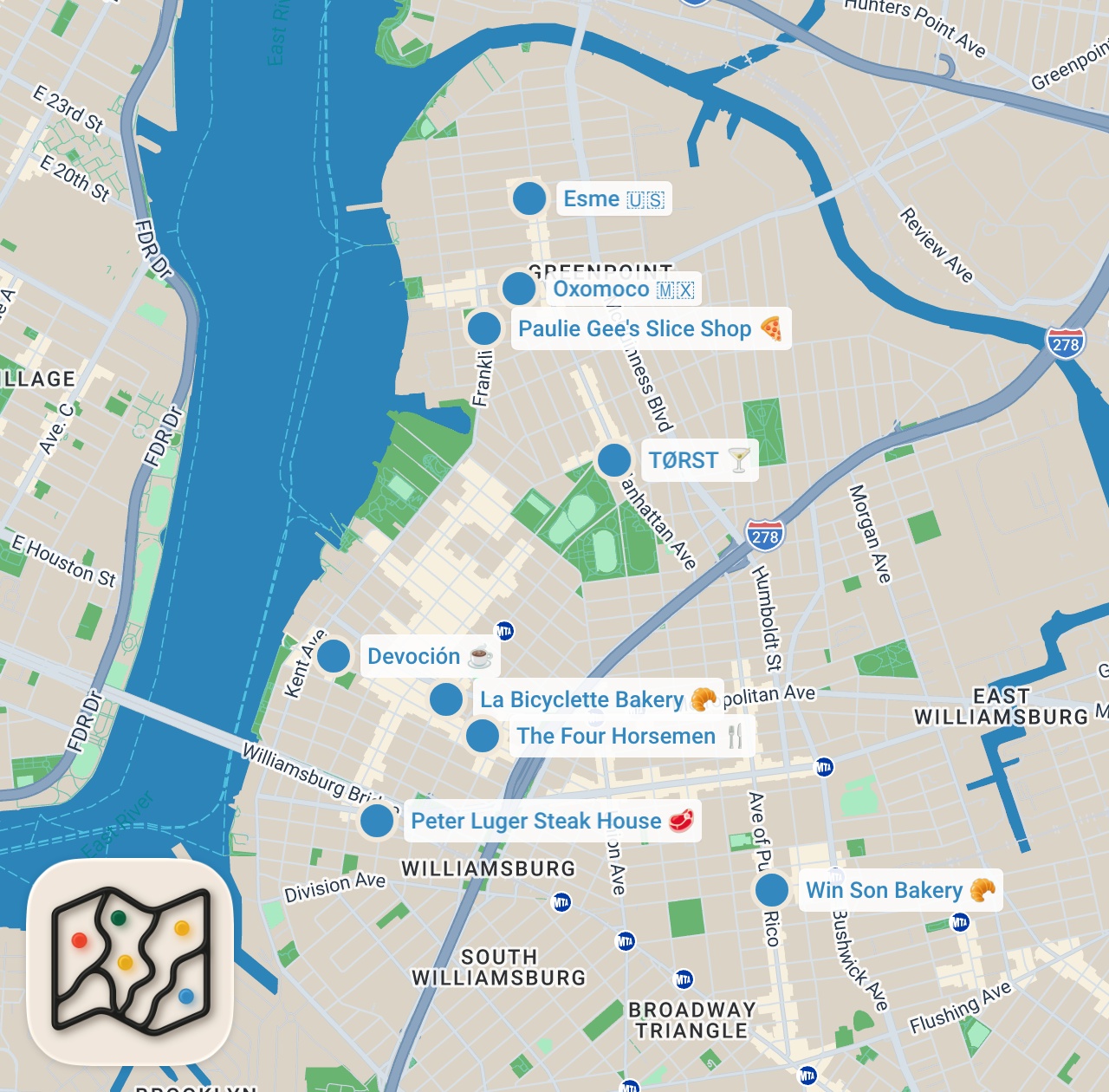 Map preview for 48 HOURS IN BROOKLYN - The Top 10 Restaurants - Our Ultimate Food & Drink Guide