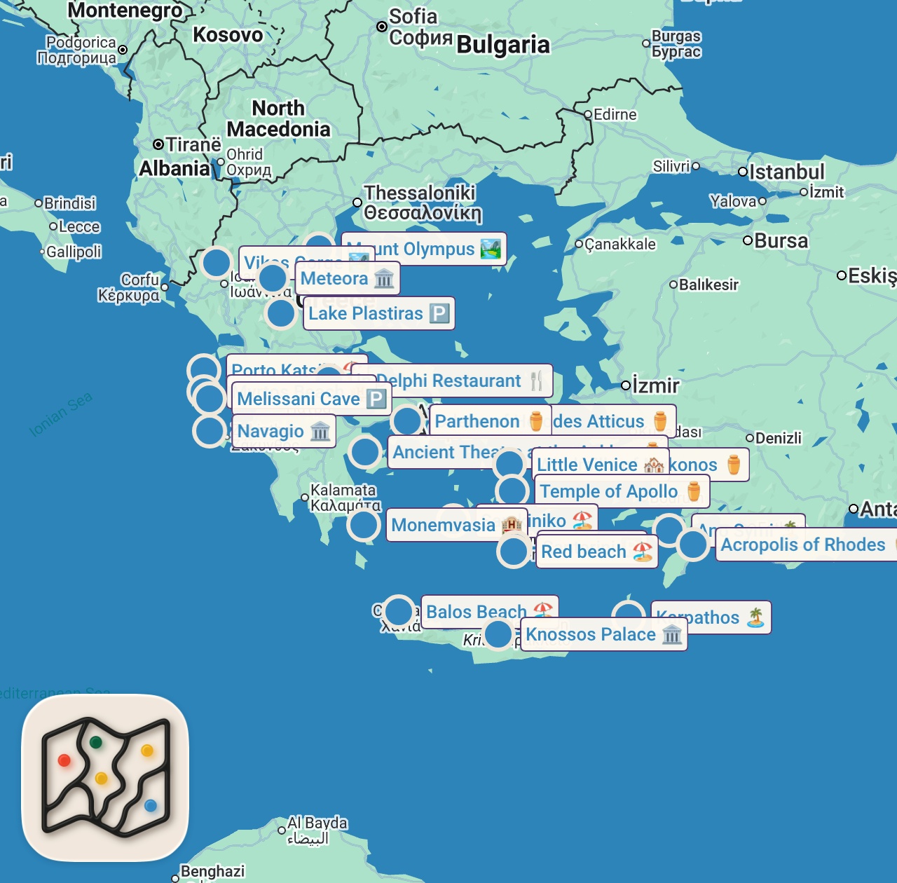 Map of 24 spots from 🇬🇷 GRIECHENLAND Dokumentation | 227 Inseln, die kein Tourist kennt | 4K