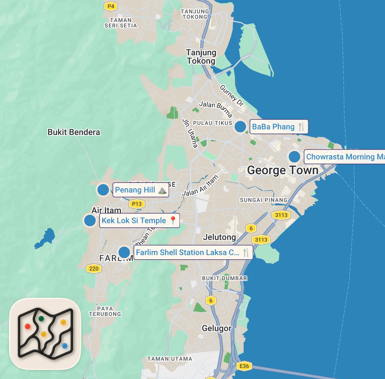 Map of 5 spots from This Malaysian Dish SHOCKED us! | Penang Food Tour