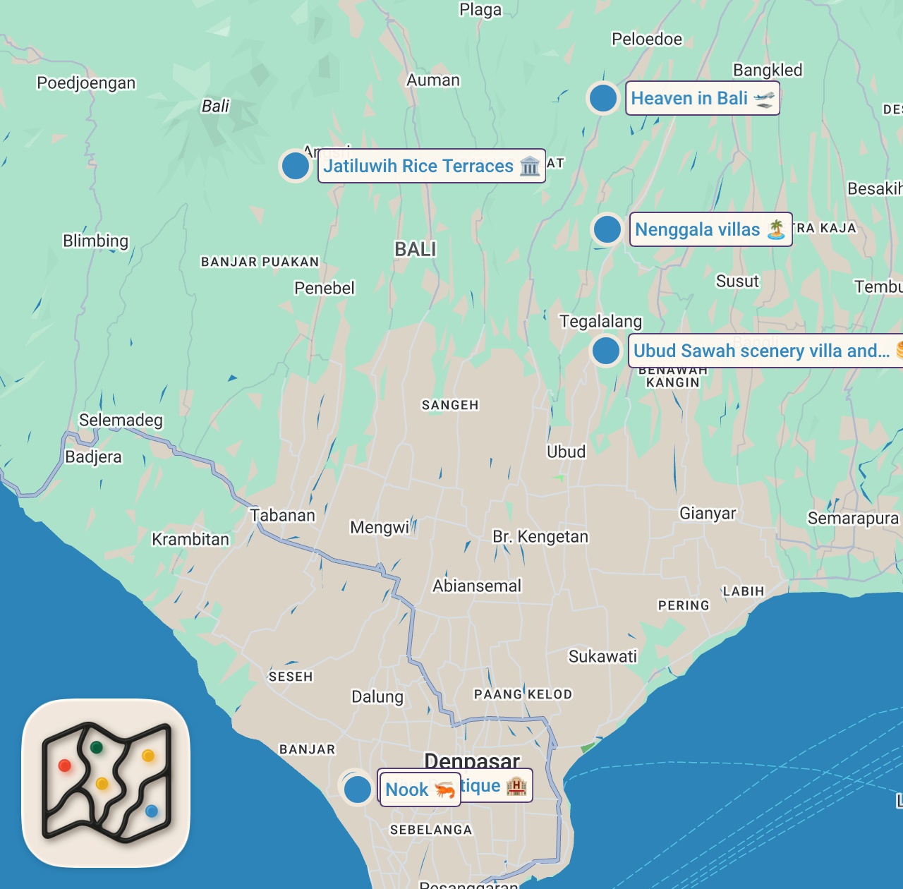 Map of 6 spots from Top 5 CHEAP Paradise Villas in Bali 2026 (w/ Prices!) • Ubud, Canggu, Seminyak • Budget Travel Guide
