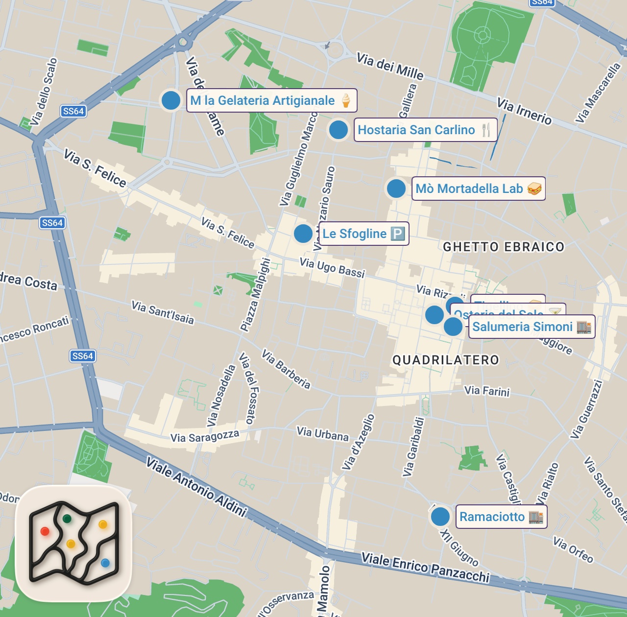 Map of 9 spots from 24H of ITALIAN FOOD in Bologna – From Pasta to Meatballs