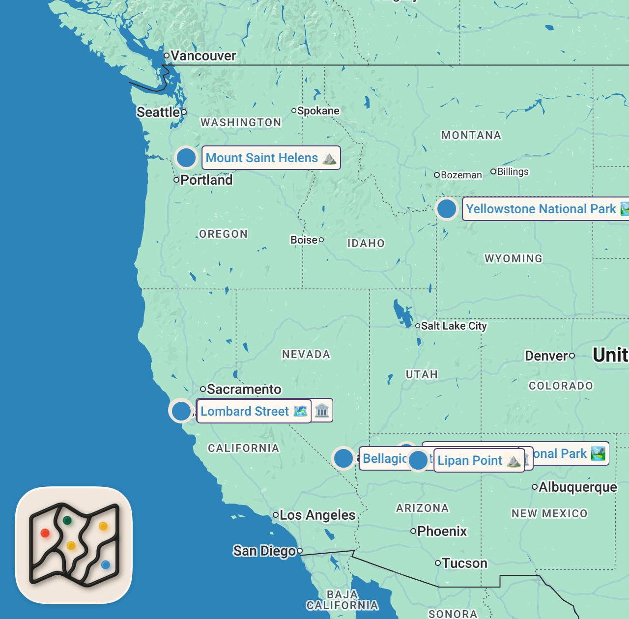 Map of 13 spots from USA Travel Guide