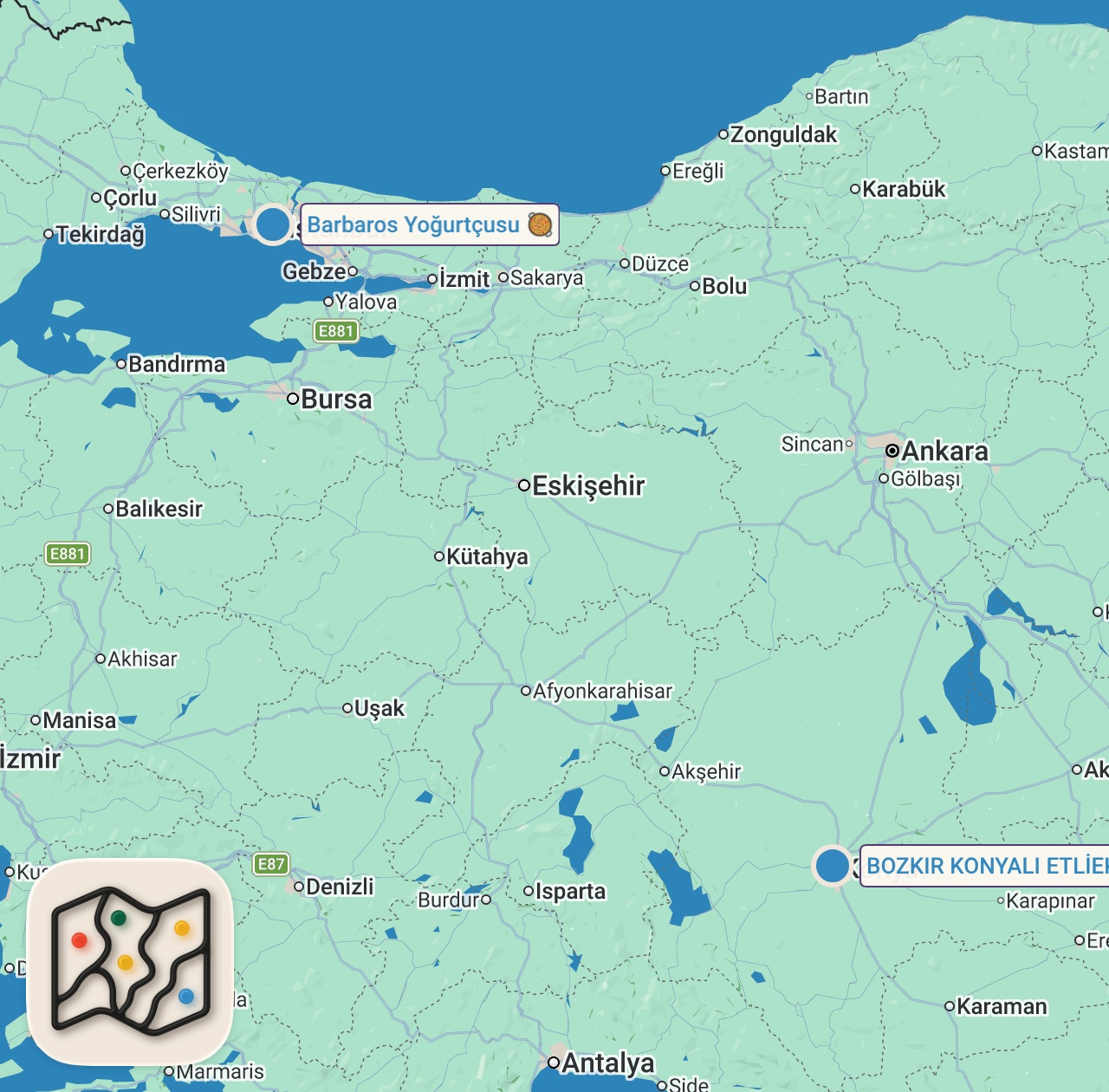 Map of 2 spots from Muazzam Obruk Peyniri, Etli Ekmek ve Fırın Kebabı - Vedat Milor'un İzinde 4. Bölüm