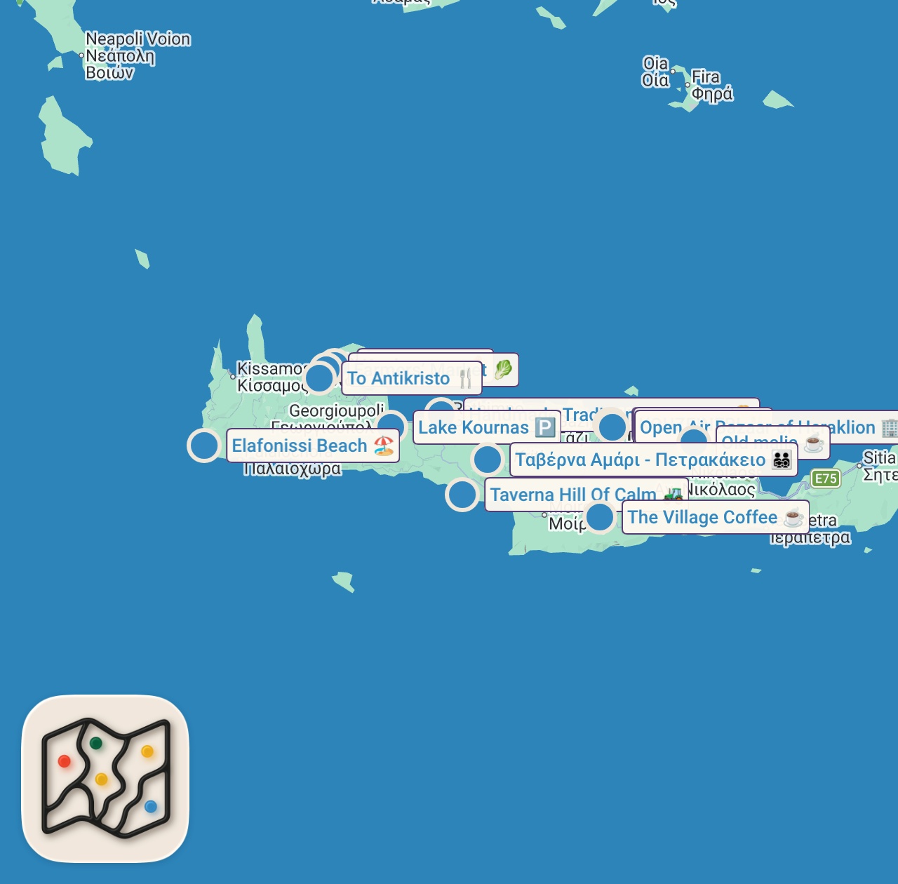 Map preview for 50 Must Try GREEK FOODS in CRETE 🇬🇷 Best BBQ Lamb + SEAFOOD Paradise + INSANE Meze