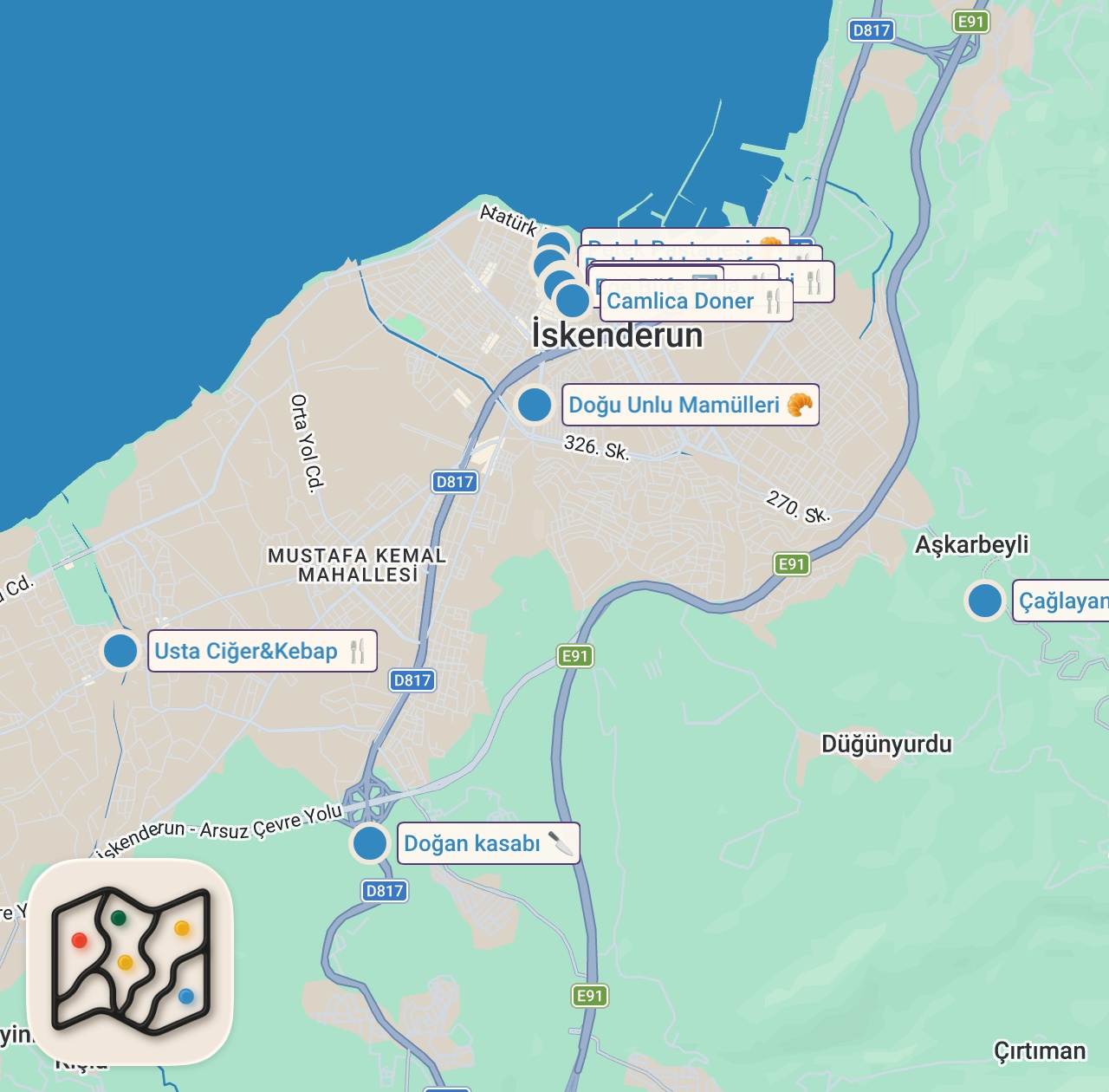 Map of 10 spots from İSKENDERUN'DA BİR GÜNDE NE YENİR!!! @ilkerbilen