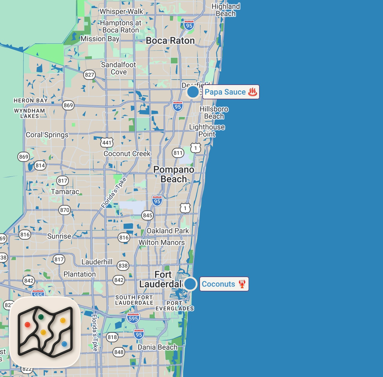 Map of 2 spots from Eating at SKETCHY Restaurants For 24 Hours... (Insane BBQ)