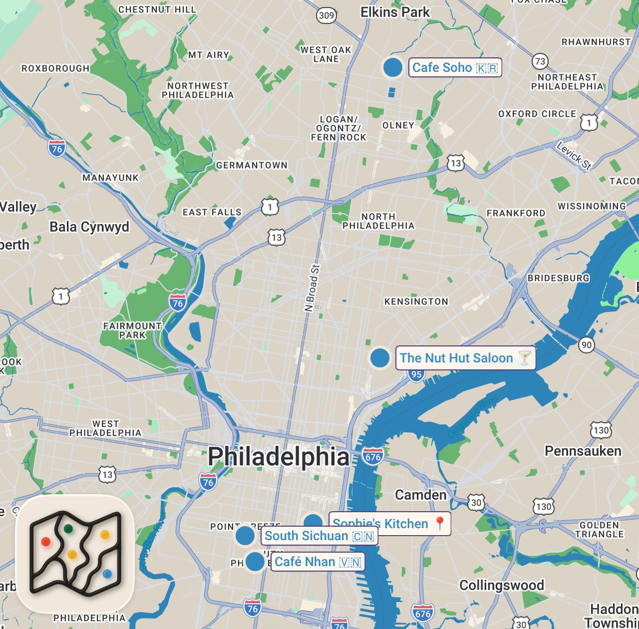 Map of 5 spots from Best wings in Philly right now.