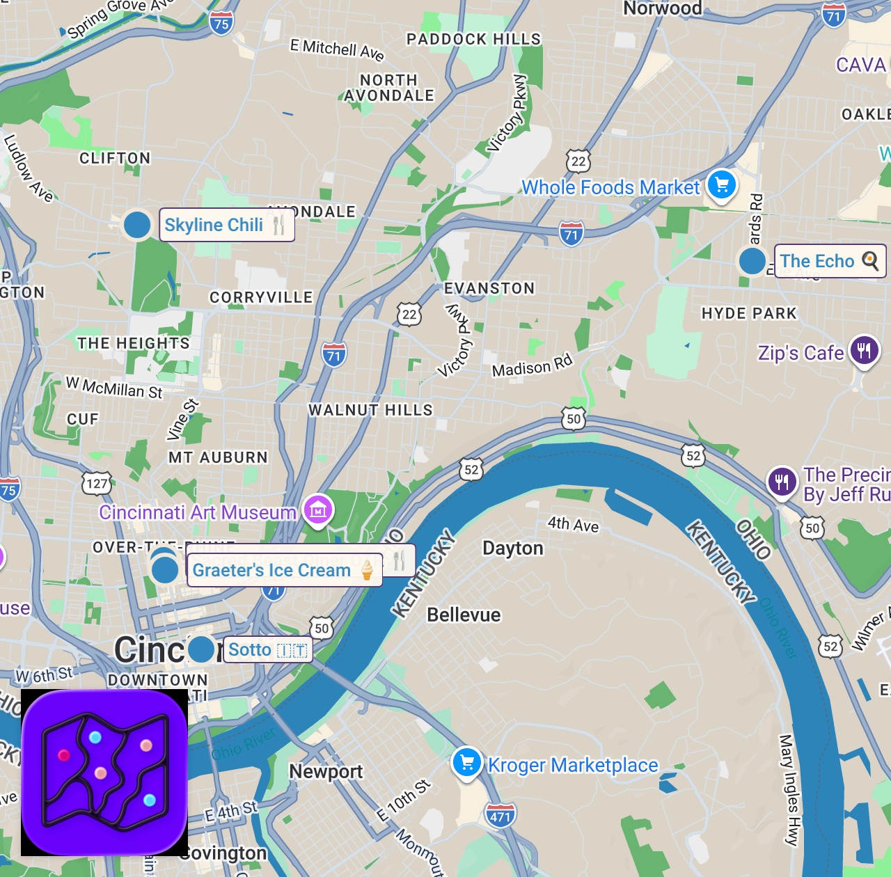 Map of 5 spots from First day eating in CINCINNATI! Goetta omelette, wet burger, Italian hot spot and iconic ice cream!