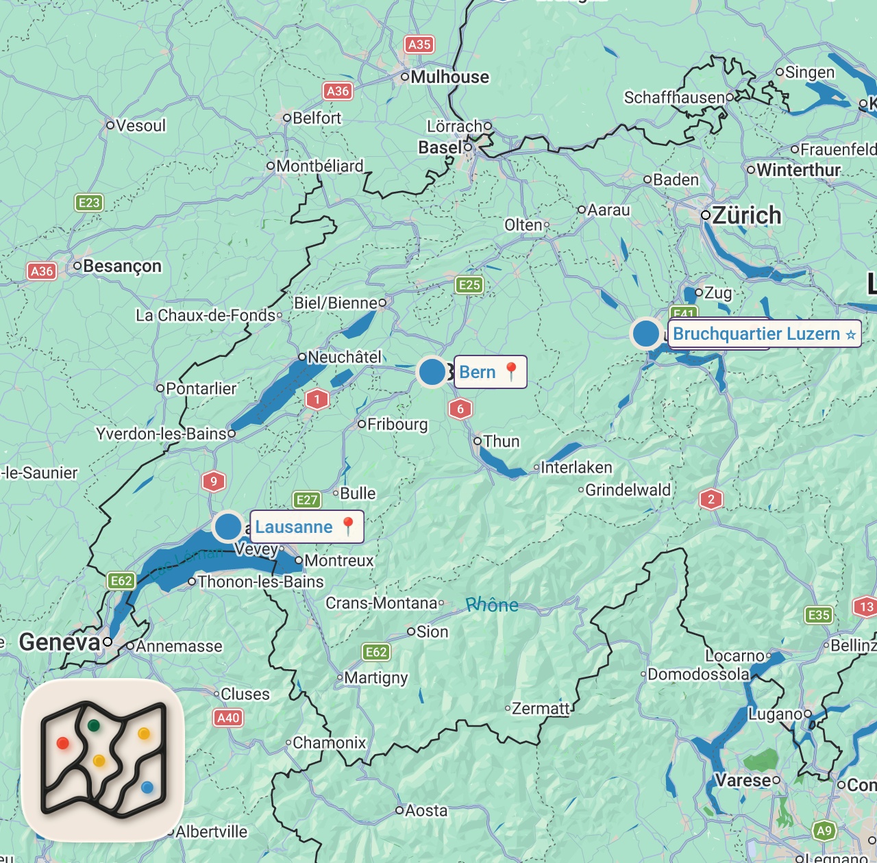 Map of 4 spots from Switzerland's Great Cities