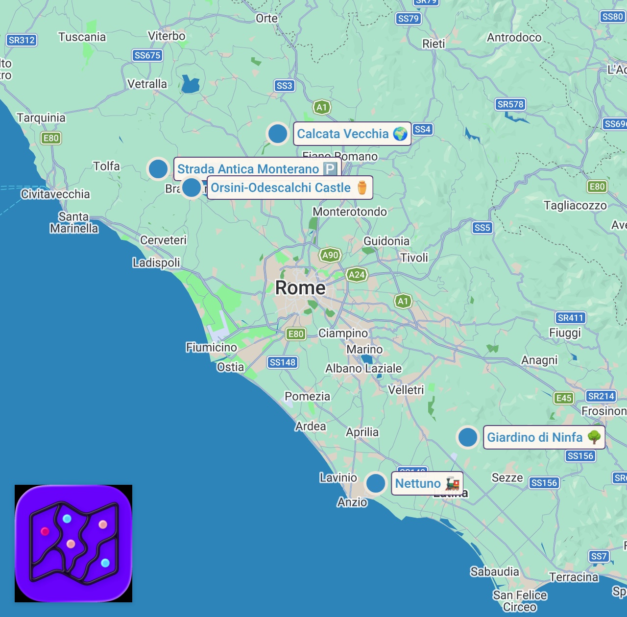 Map of 5 Borghi vicino Roma perfetti per una gita fuori porta nel Lazio