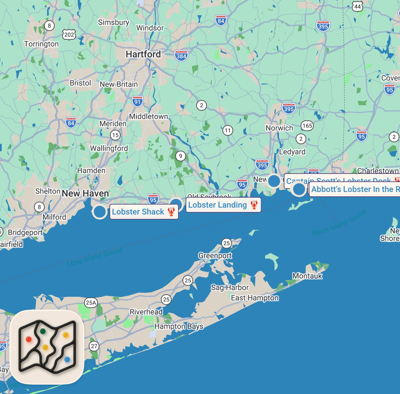Map preview for EPIC LOBSTER ROLL TOUR in Connecticut - Food Crawl - DEVOUR POWER
