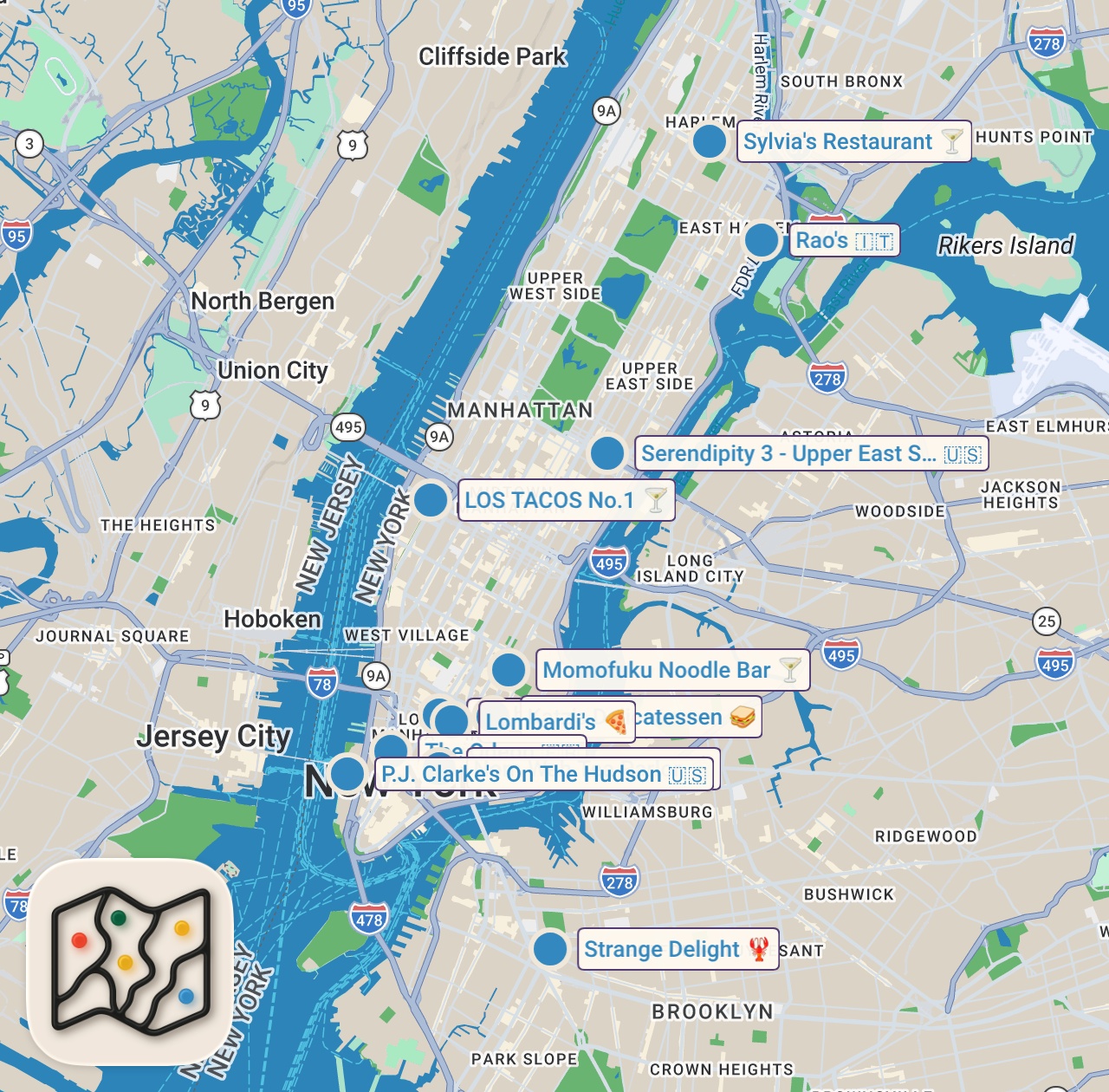 Map of 13 spots from Eating Every Decade in New York!