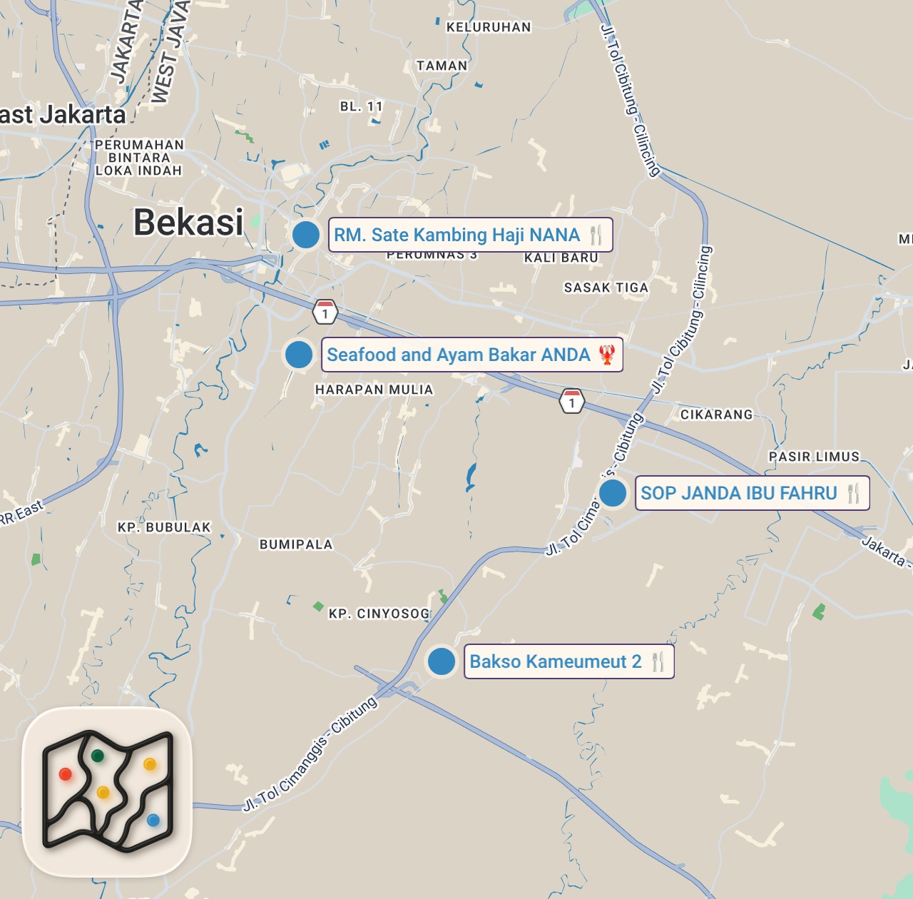 Map preview for SPICY Indonesian street food - EXOTIC BAKSO + CHICKEN BBQ - Indonesian street food in Bekasi