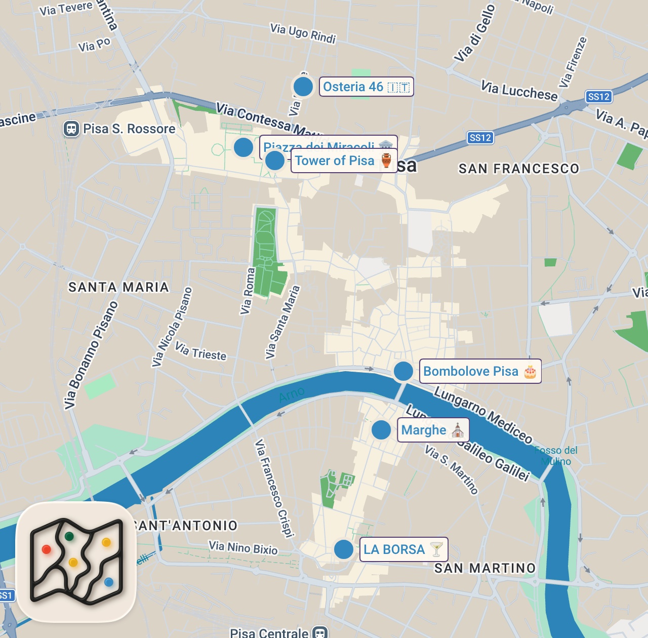 Map of 6 spots from 24 Hours In PISA - Best Local Pasta & Italian Street Food!