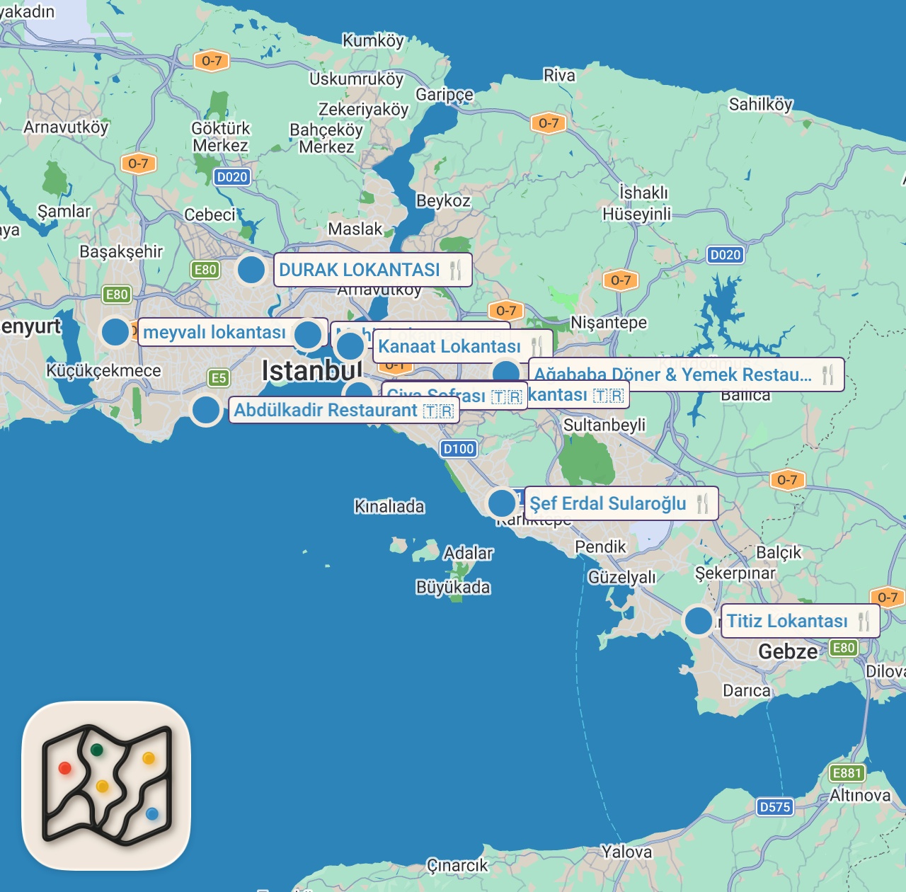 Map of 10 spots from İSTANBUL LOKANTA SIRALAMASI #shorts #yemek #istanbul