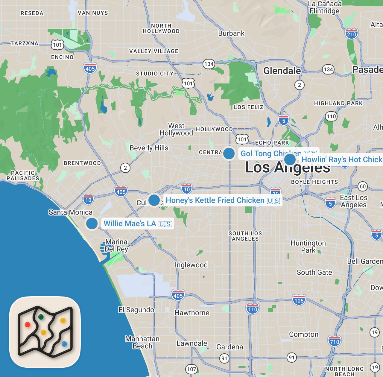 Map preview for Finding The Best Fried Chicken In Los Angeles | Food Tours | Insider Food