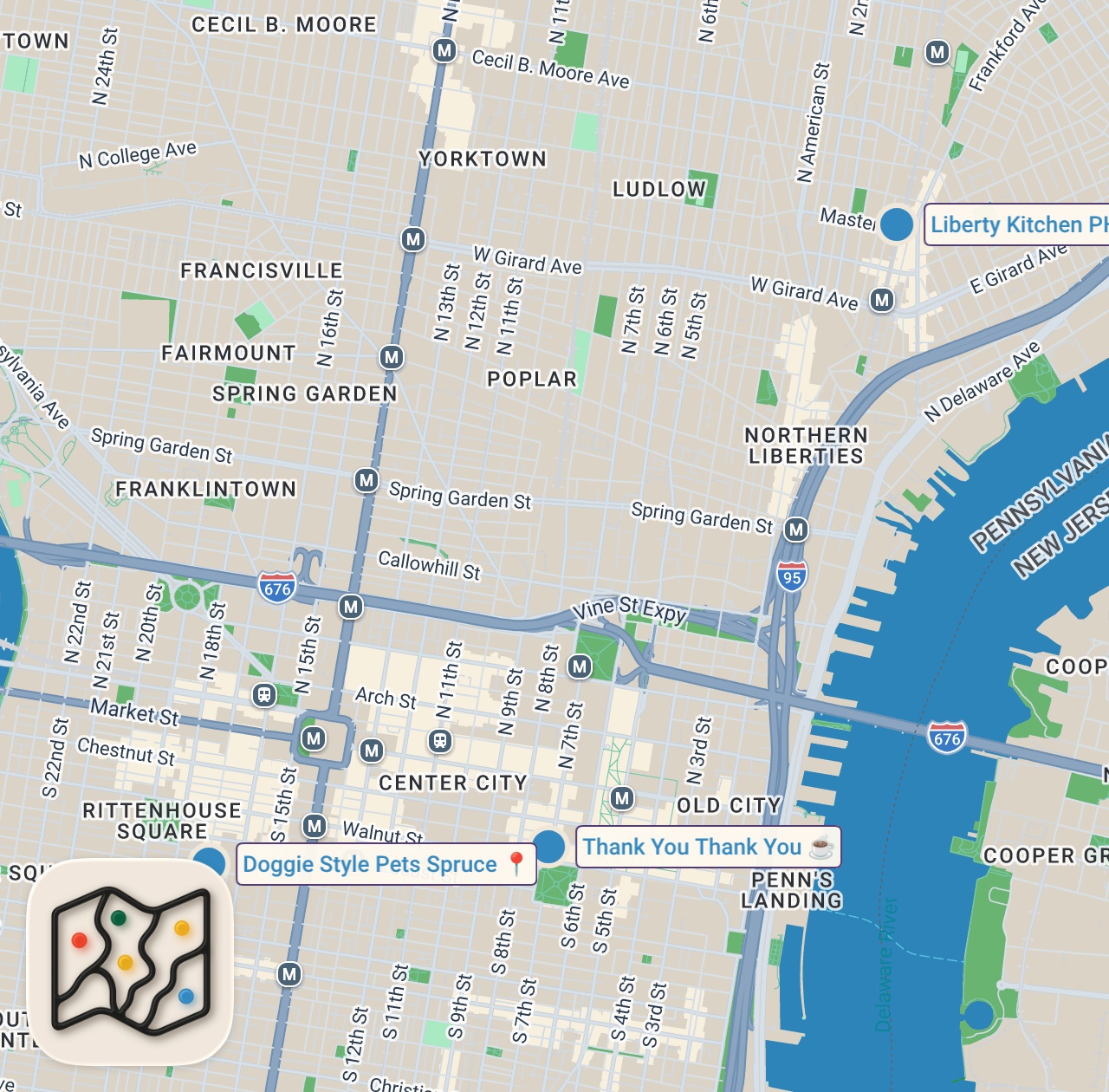 Map of 3 spots from Day 2 of showing our foster dog around Philly.