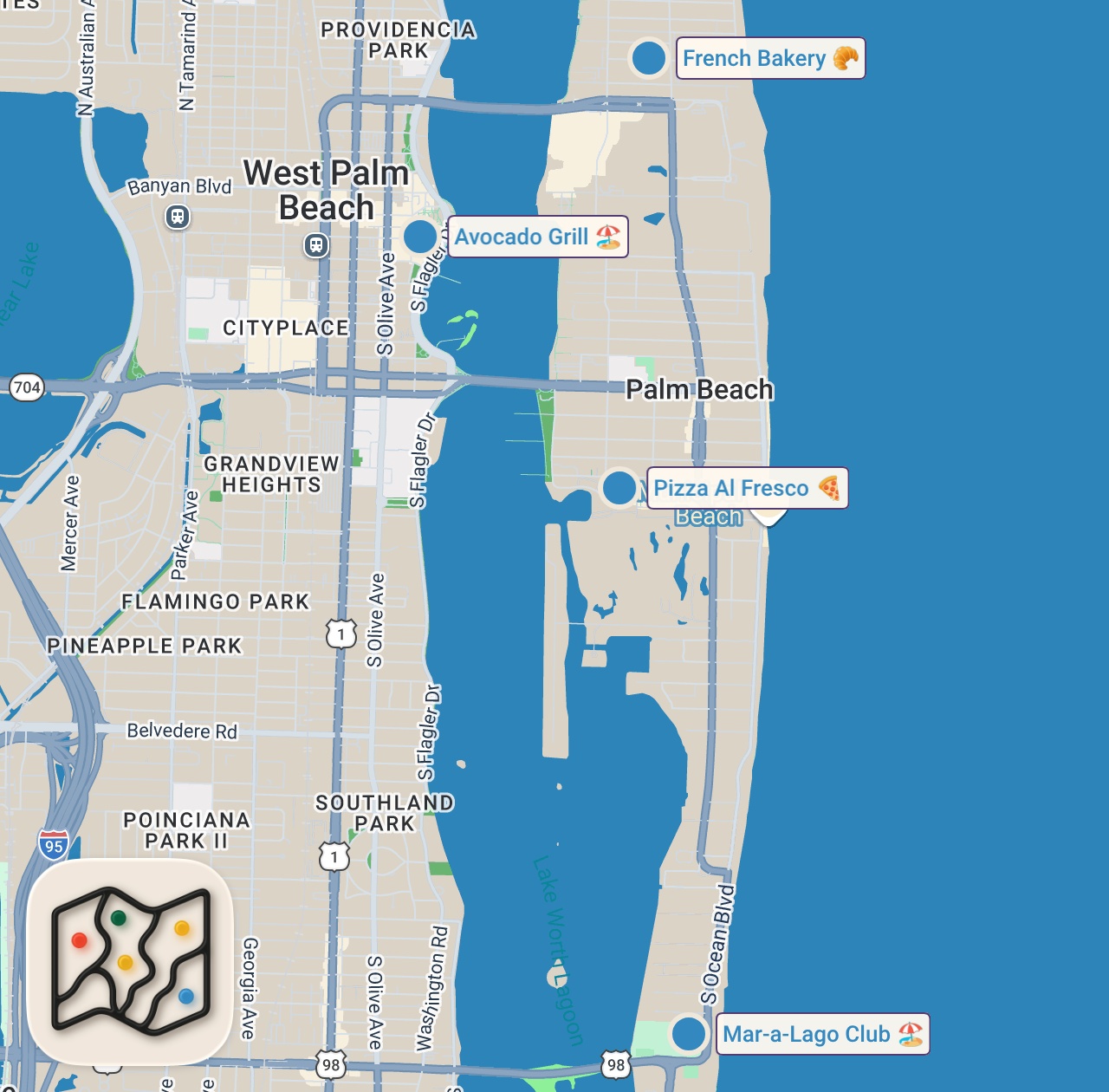 Map of 4 spots from Letting RICH Strangers Decide Where I Eat For 24 Hours… (Palm Beach, Florida)