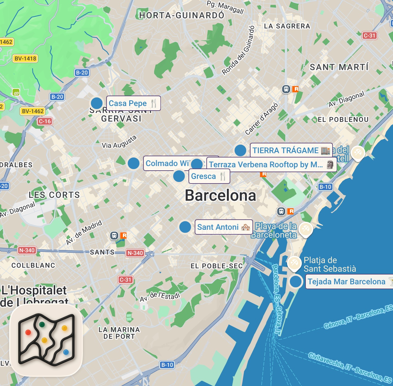Map of 7 spots from 12HRS in BARCELONA - A 3 Michelin Star Chef Shows Us Where He Eats