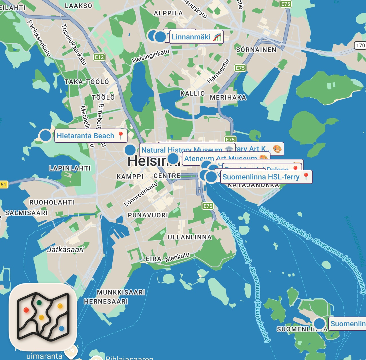 Map of 12 spots from Mitä tekemistä Suomen pääkaupungista löytyy? // Helsinki VLOG