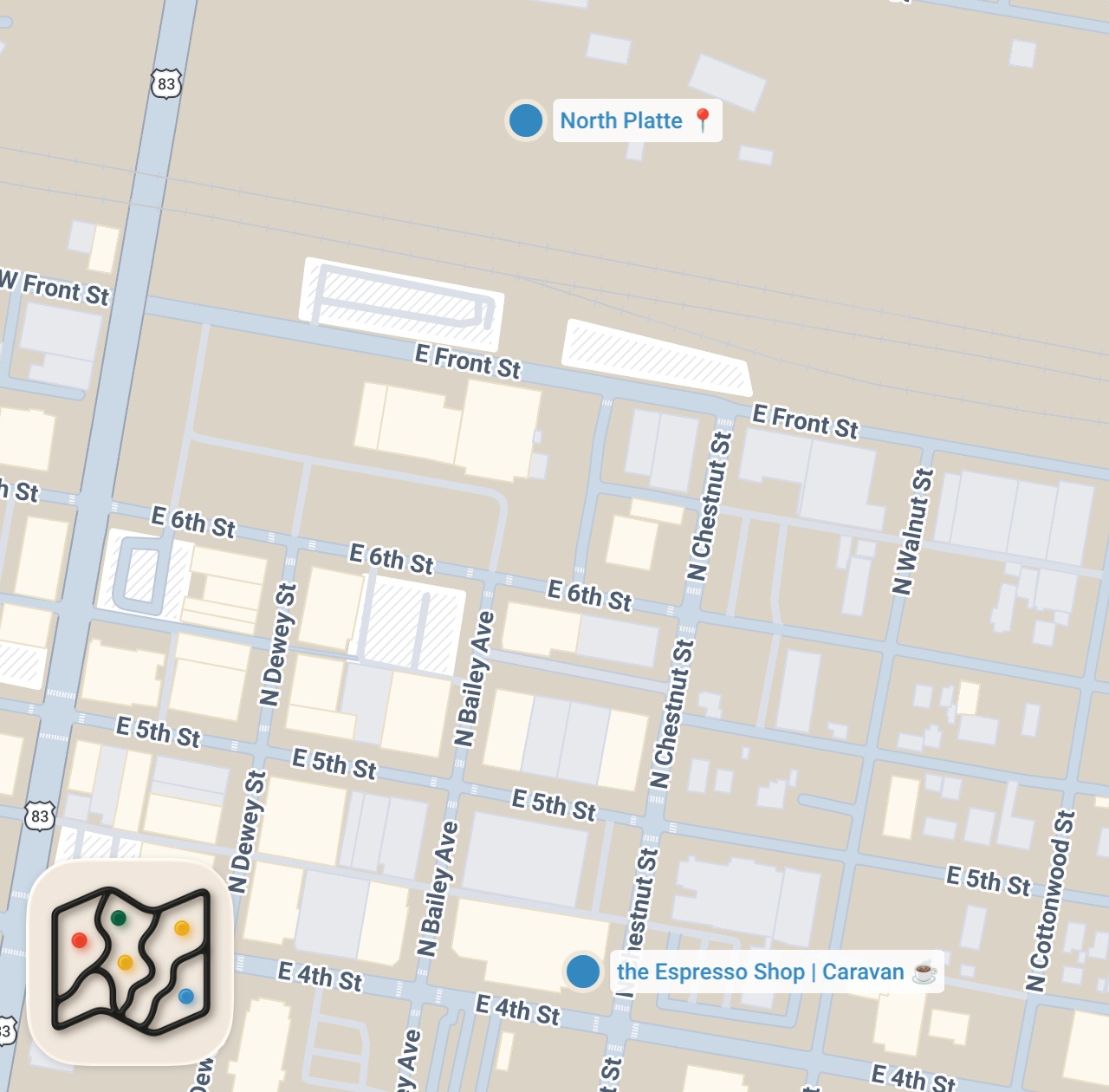 Map of 2 spots from A 50 State Coffee Journey USA: The Espresso Shop       Nebraska