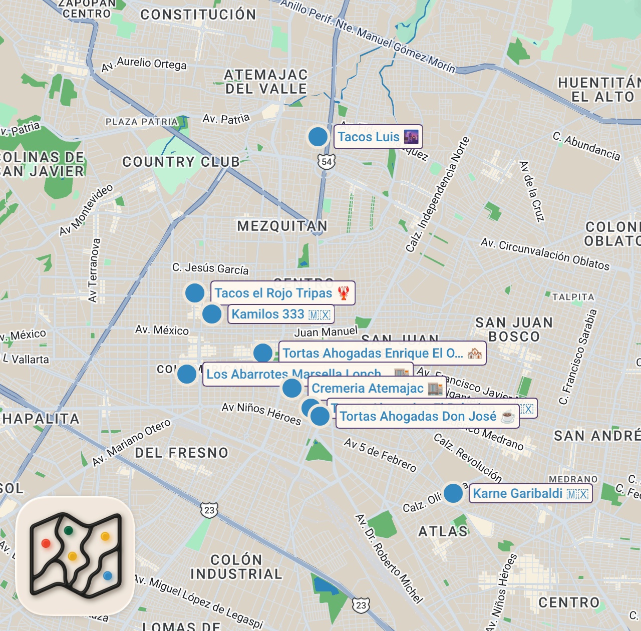 Map of 9 spots from Mexican Street Food!! 🌶️ SPICY DROWNED SANDWICHES in Guadalajara, Mexico!!